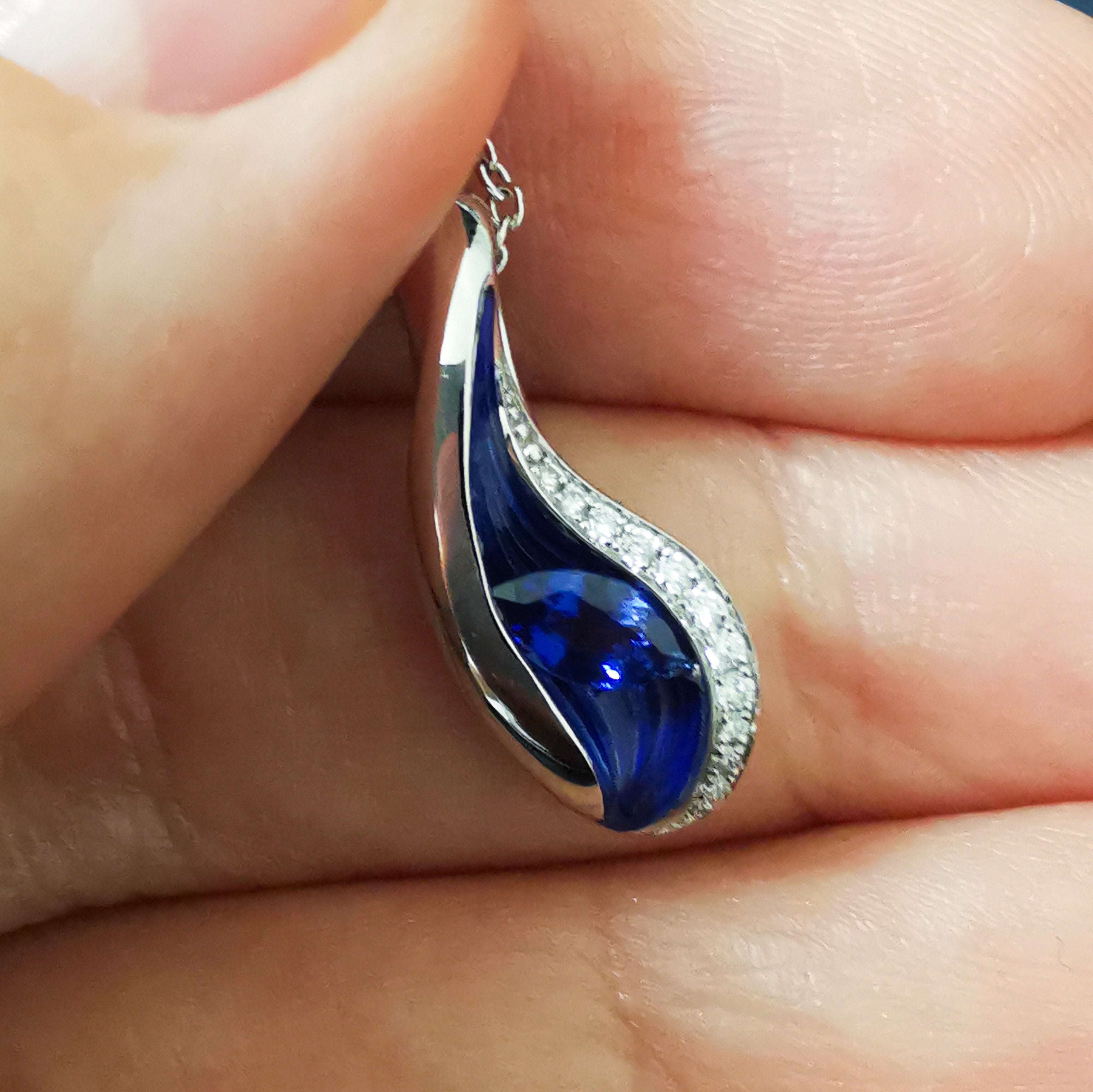 Blue Sapphire, Diamonds, Enamel 18K White Gold Pendant, P 0123-8