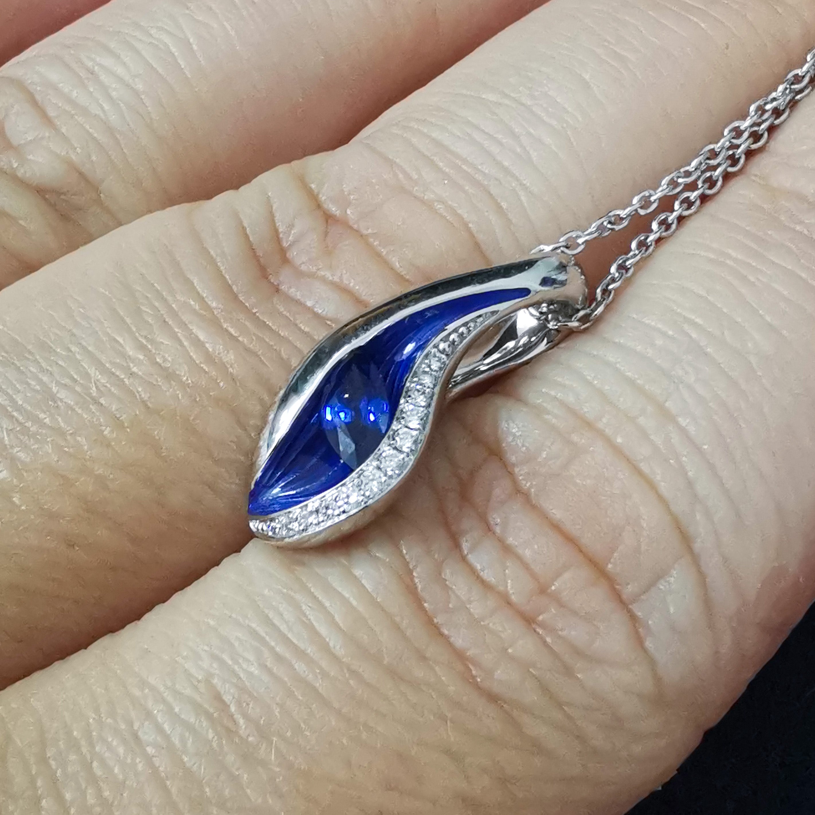 Blue Sapphire, Diamonds, Enamel 18K White Gold Pendant, P 0123-8