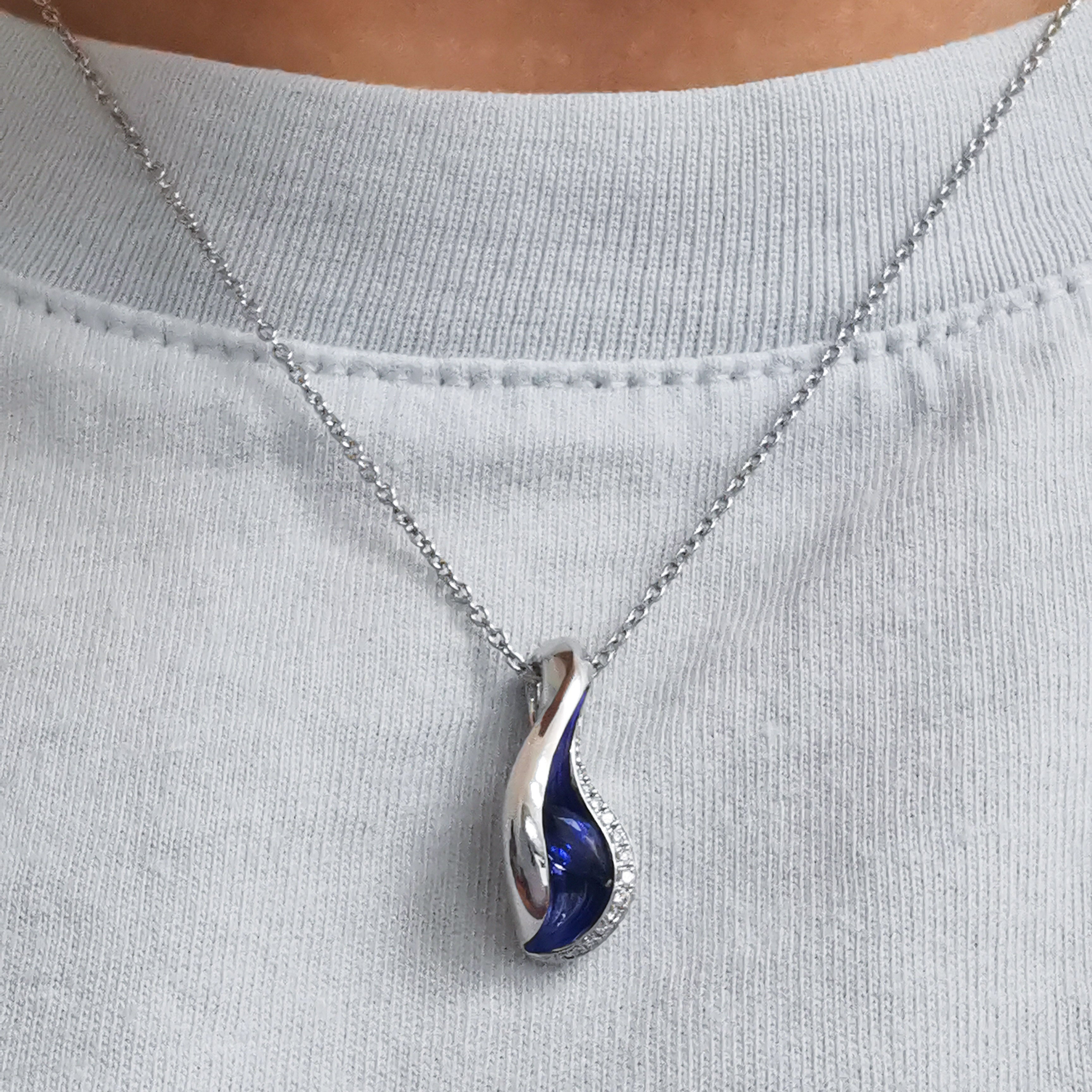 Blue Sapphire, Diamonds, Enamel 18K White Gold Pendant, P 0123-8