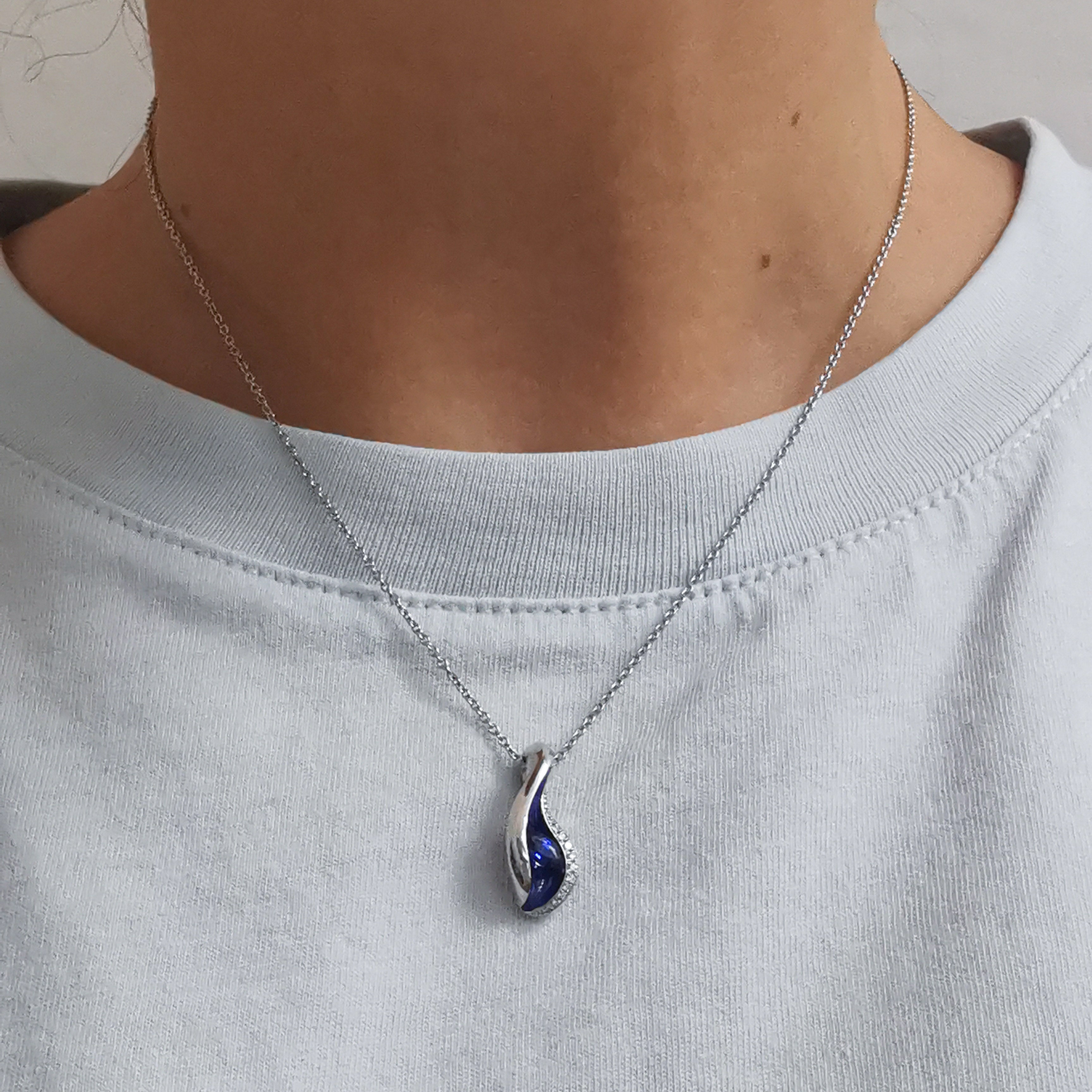 Blue Sapphire, Diamonds, Enamel 18K White Gold Pendant, P 0123-8