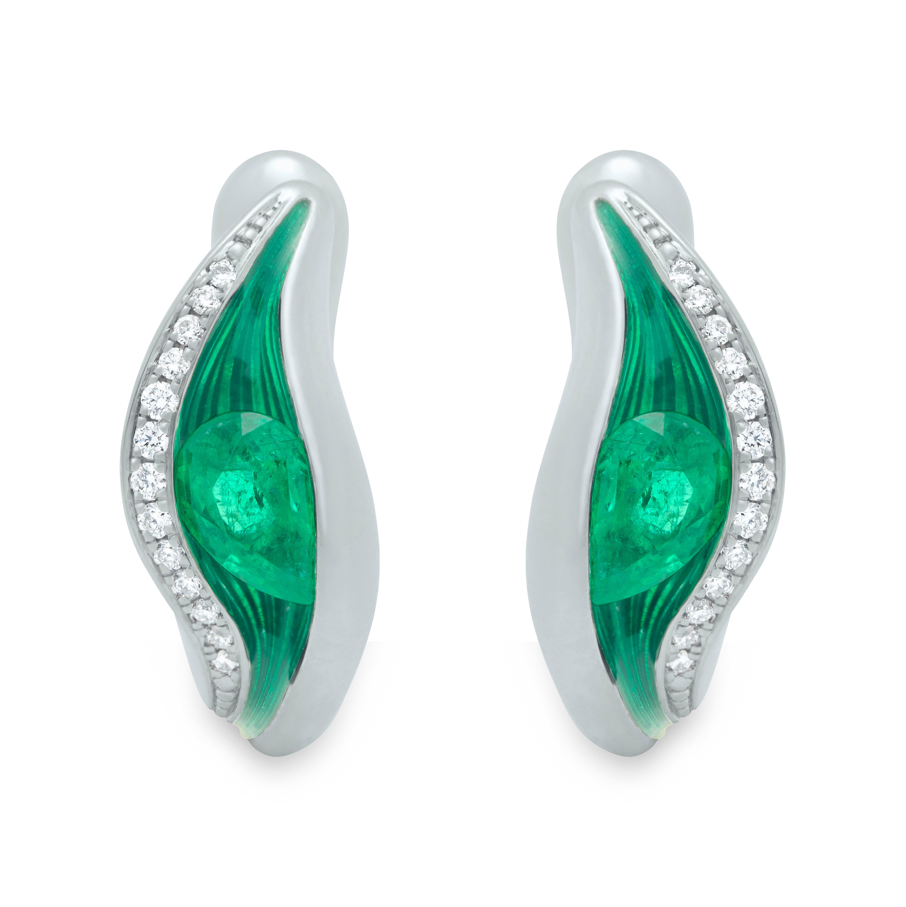 Enamel, Emerald, Diamonds 18K White Gold Earrings, E 0123-70