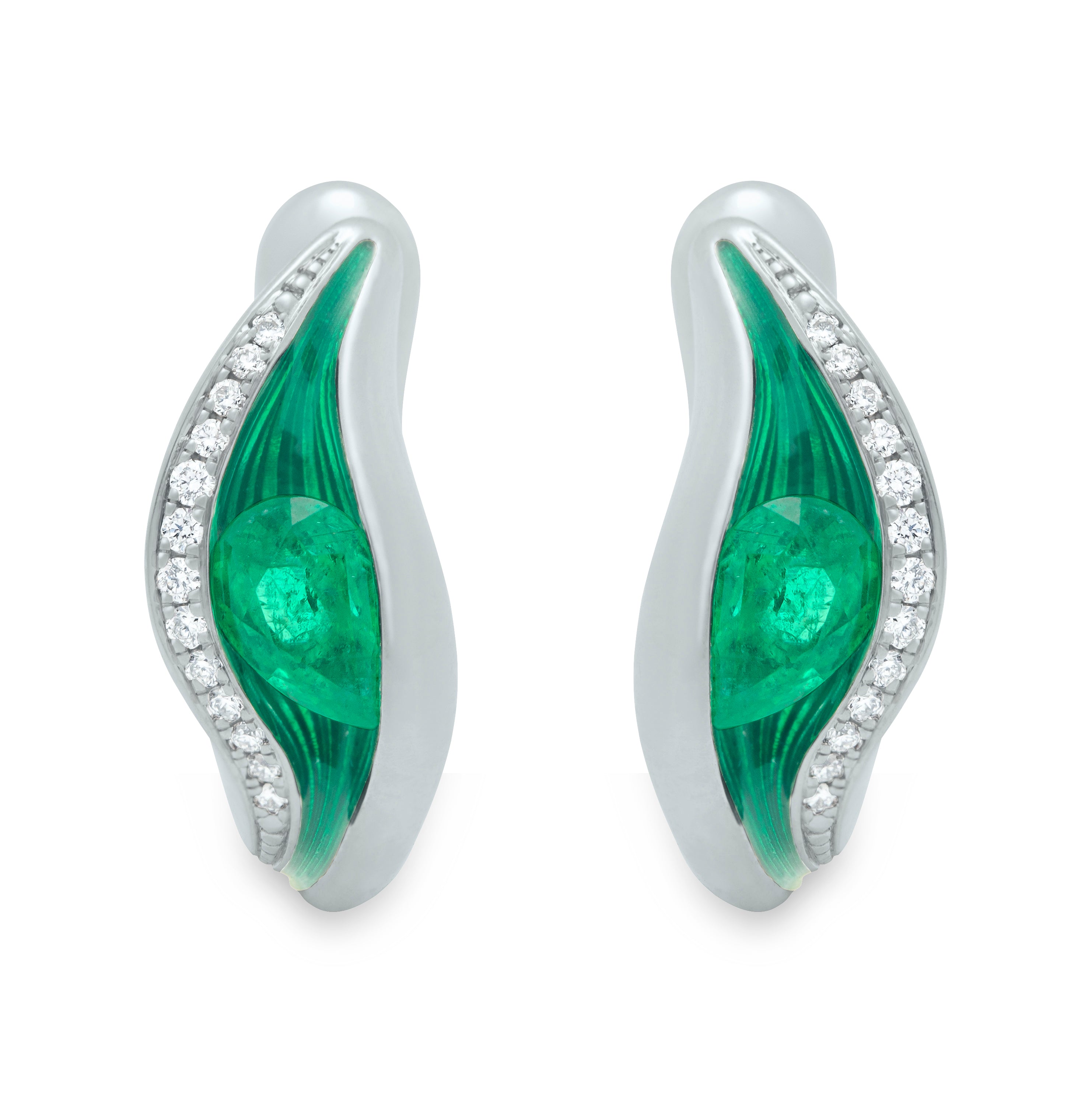 E 0123-70, 18K White Gold, Enamel, Emerald, Diamonds Earrings