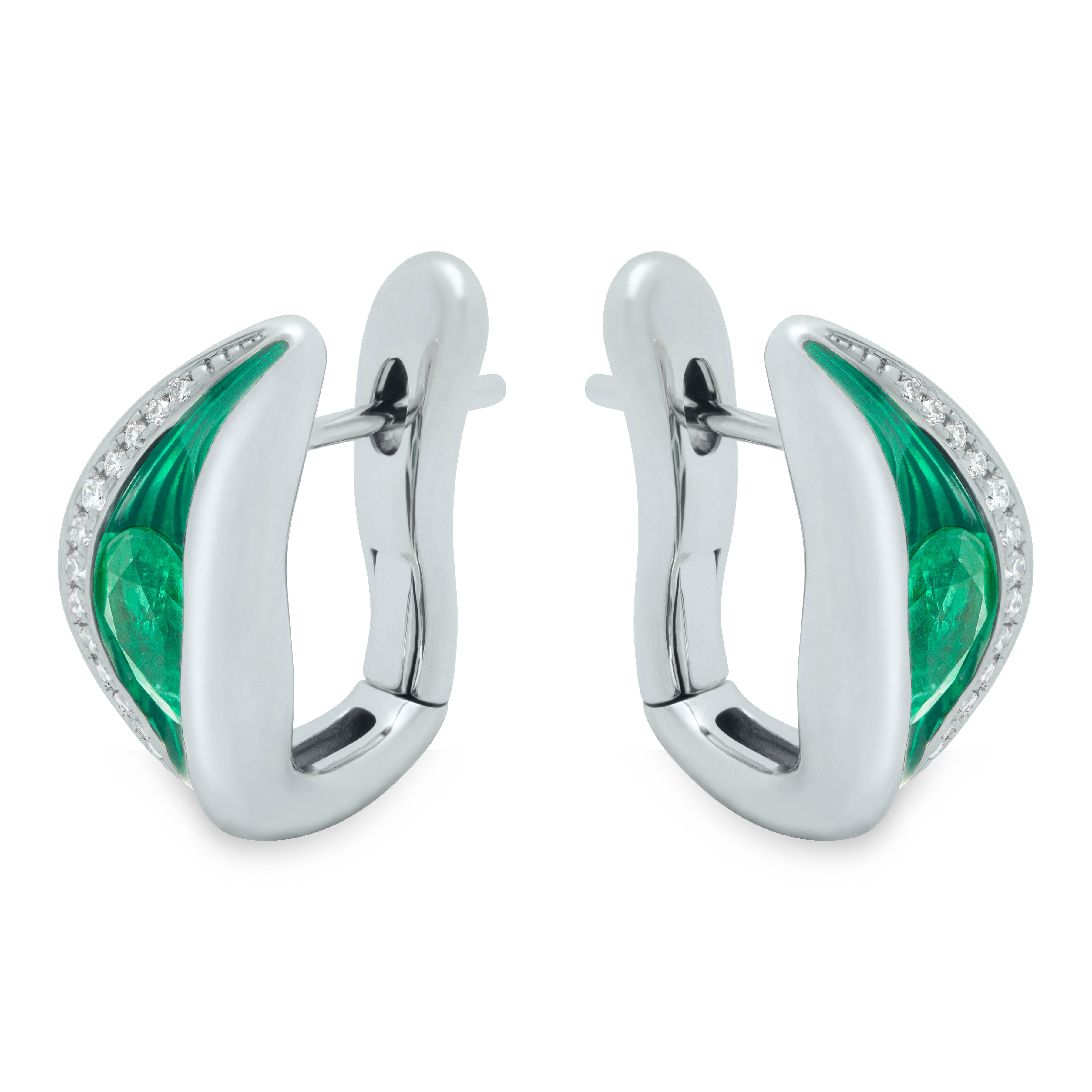 Enamel, Emerald, Diamonds 18K White Gold Earrings, E 0123-70