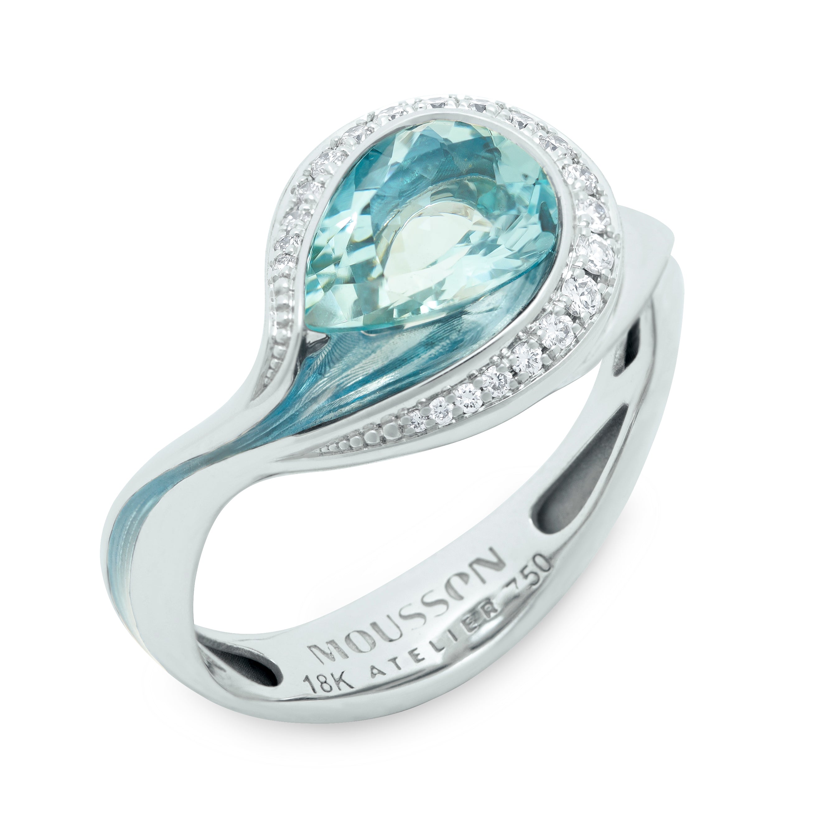 Enamel, Aquamarine, Diamonds 18K White Gold Ring, R 0123-4