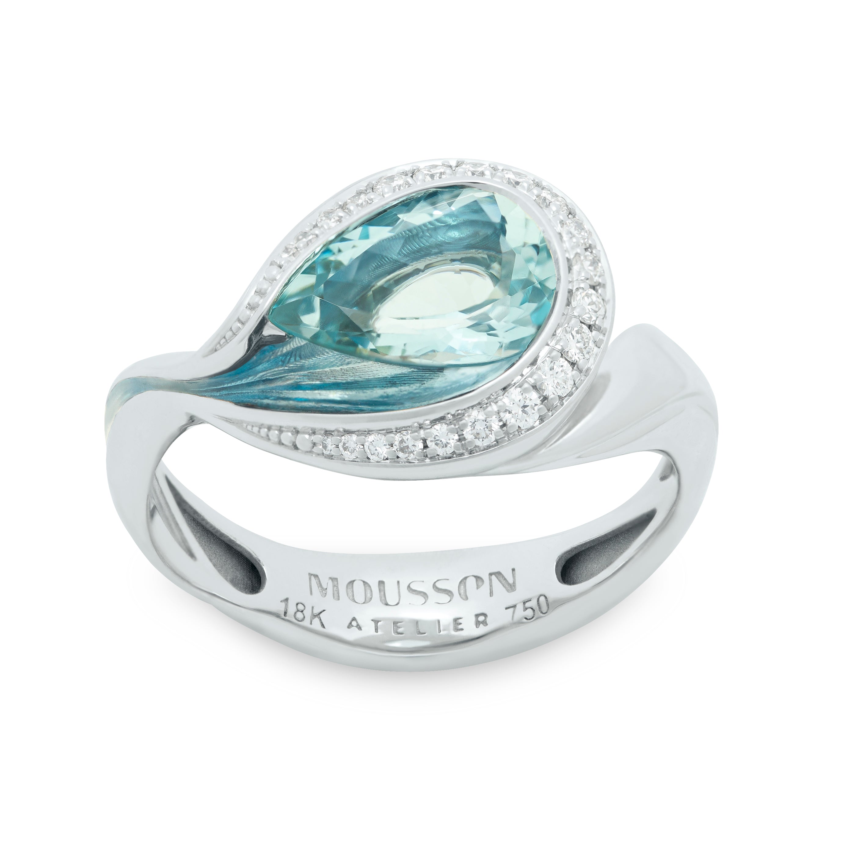 Enamel, Aquamarine, Diamonds 18K White Gold Ring, R 0123-4