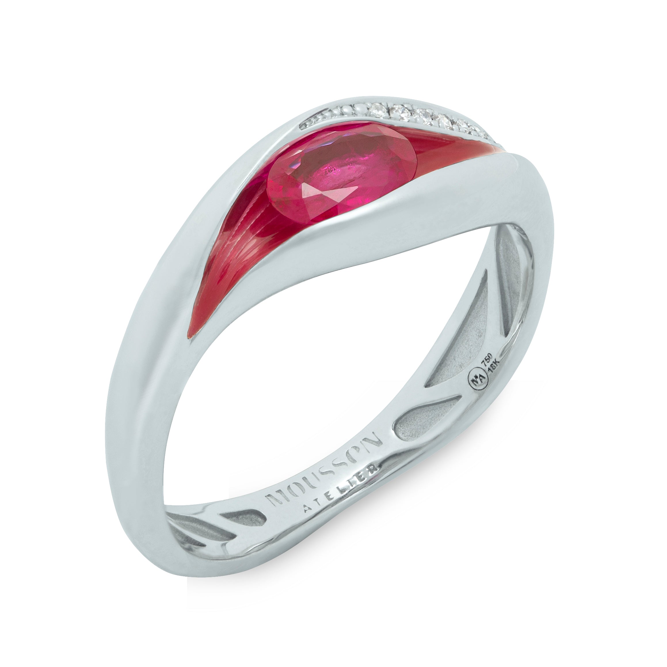 Enamel, Ruby, Diamonds 18K White Gold Ring, R 0123-6