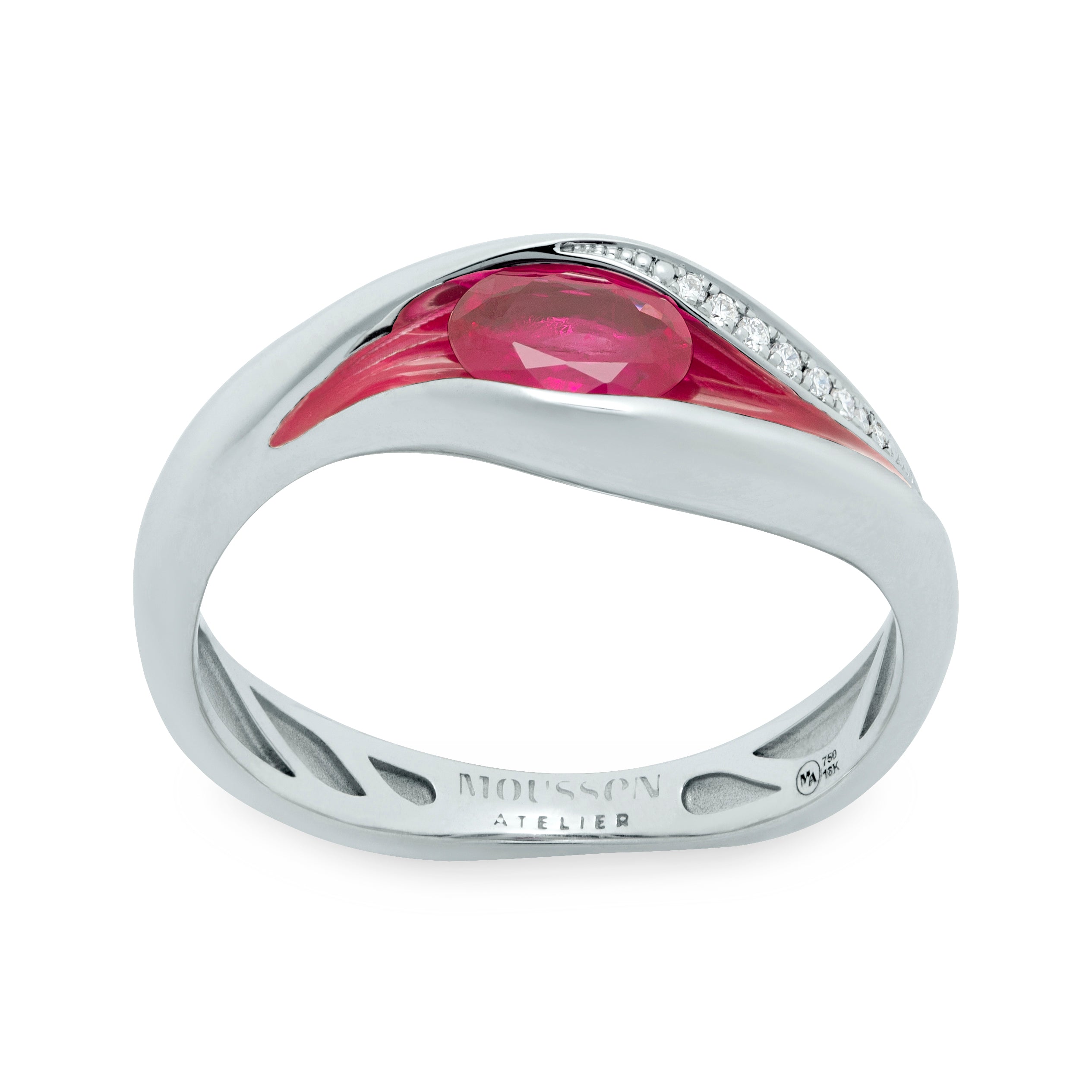 Enamel, Ruby, Diamonds 18K White Gold Ring, R 0123-6