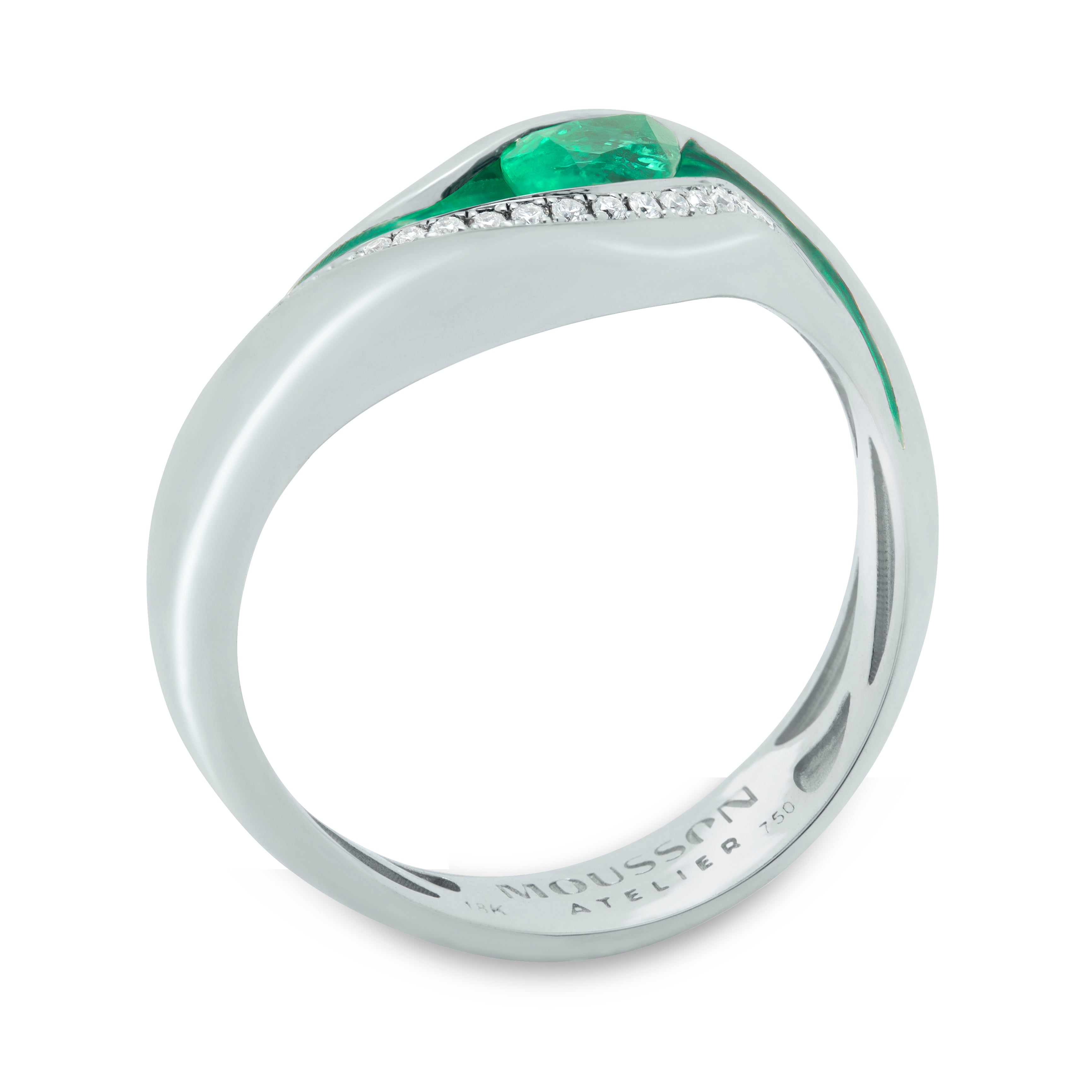 Enamel, Emerald, Diamonds 18K White Gold Ring, R 0123-7