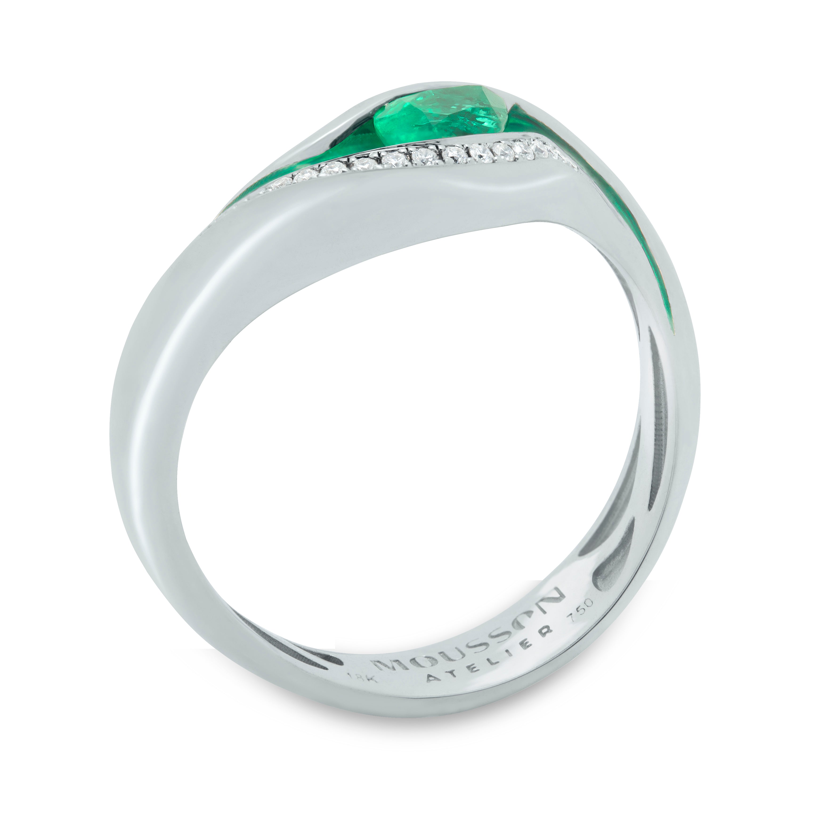 R 0123-7 18K White Gold, Enamel, Emerald, Diamonds Ring