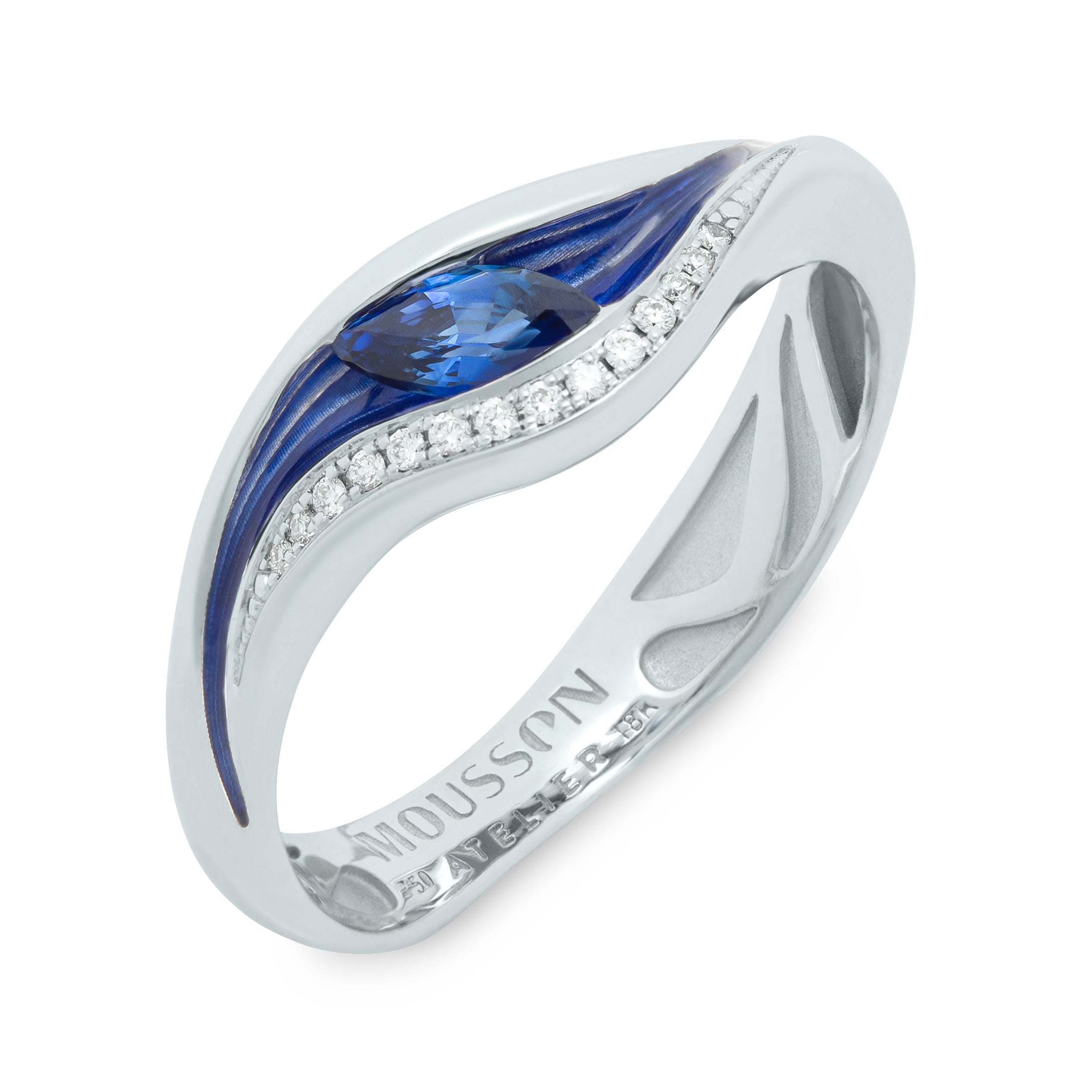 R 0123-8 18K White Gold, Enamel, Sapphire, Diamonds Ring