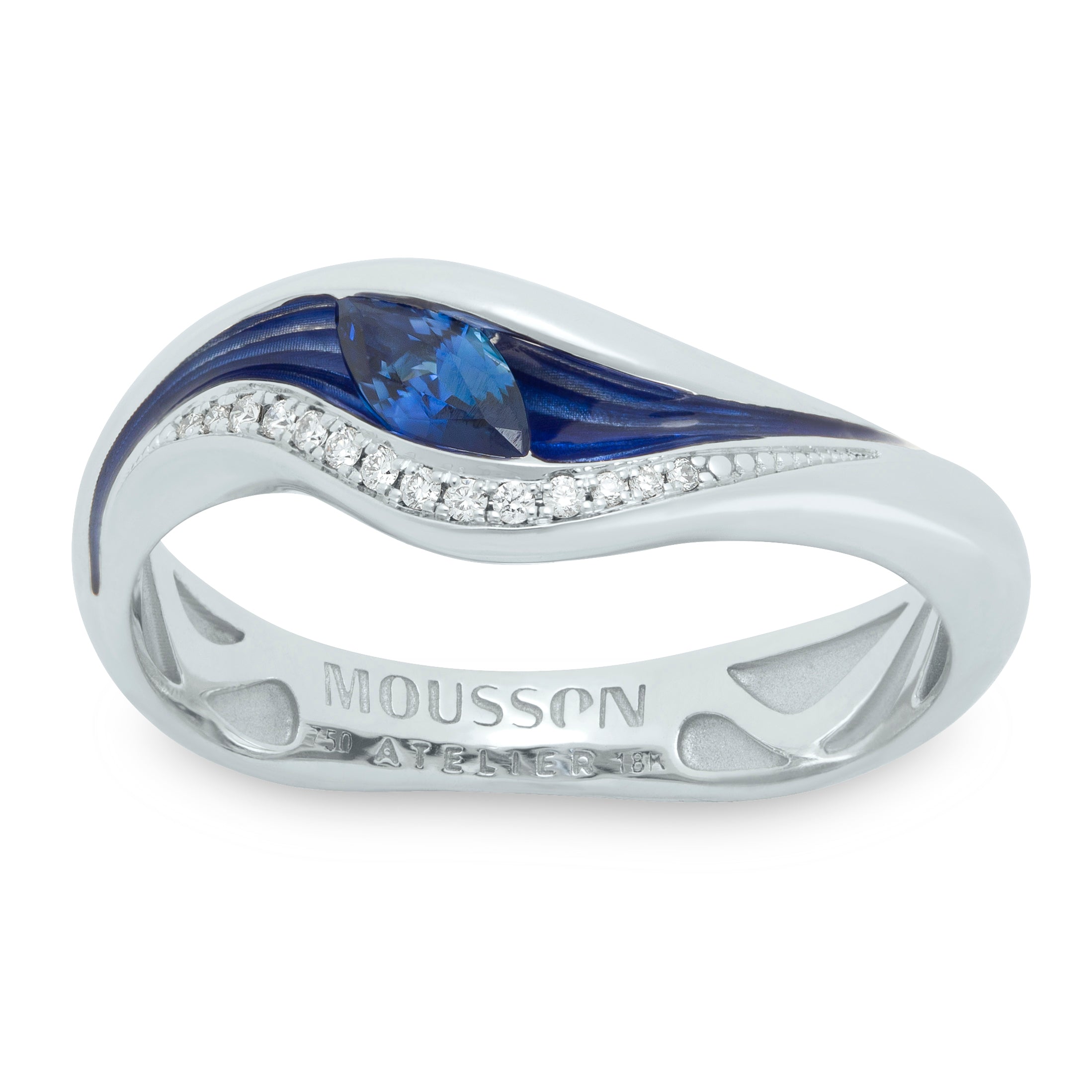 R 0123-8 18K White Gold, Enamel, Sapphire, Diamonds Ring