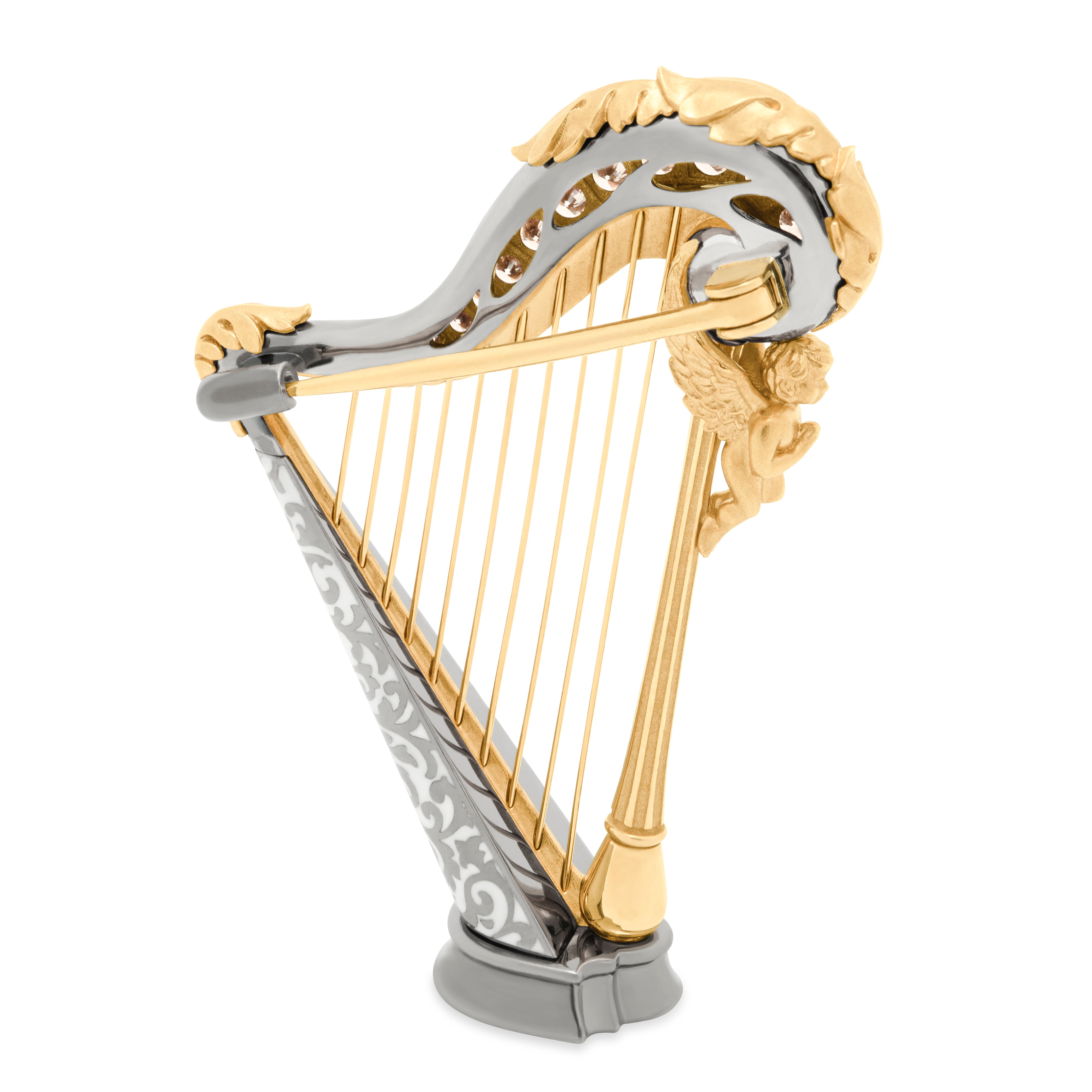 Enamel, Champagne Diamonds 18K Yellow Gold Harp Brooch, Brs 0267-3