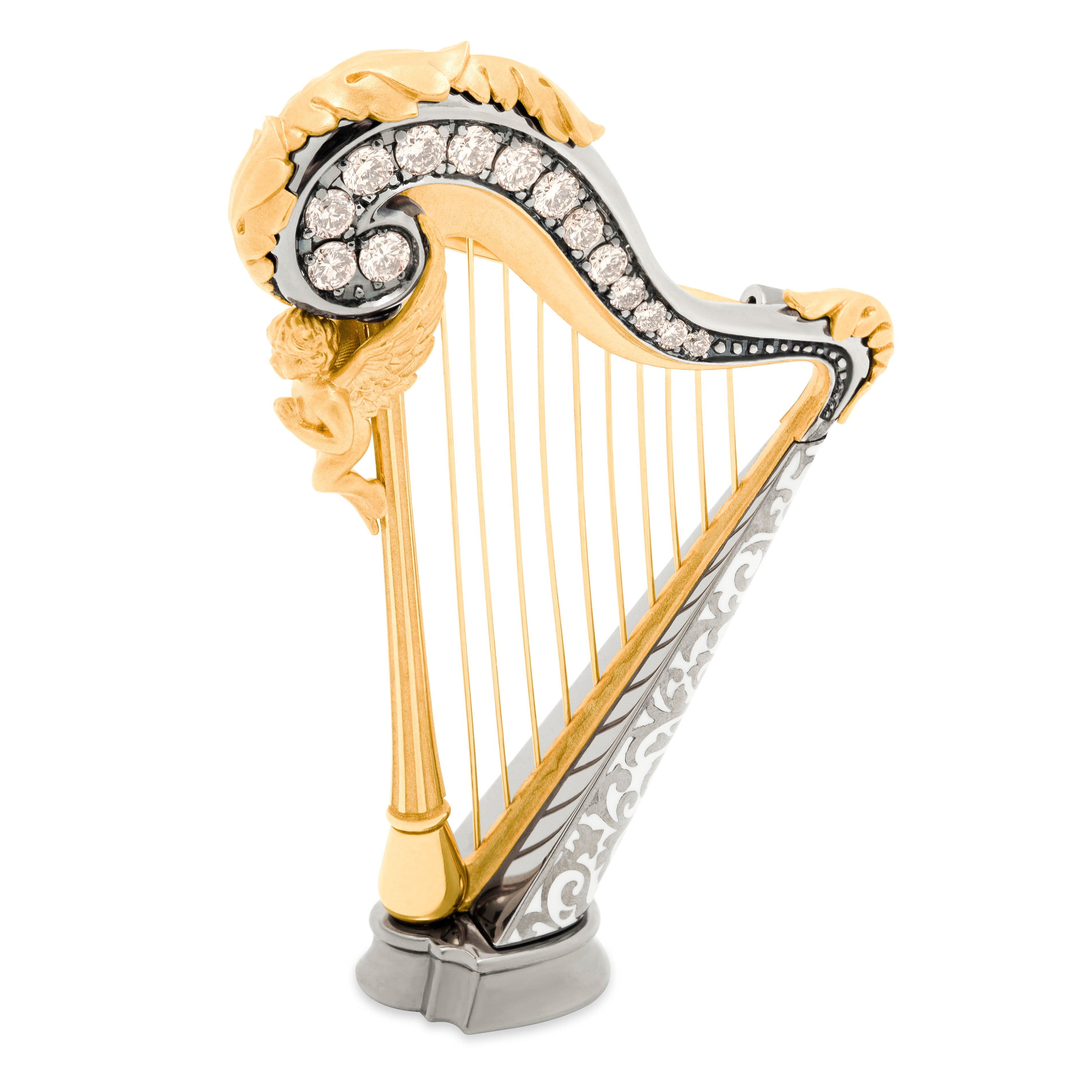 Enamel, Champagne Diamonds 18K Yellow Gold Harp Brooch, Brs 0267-3