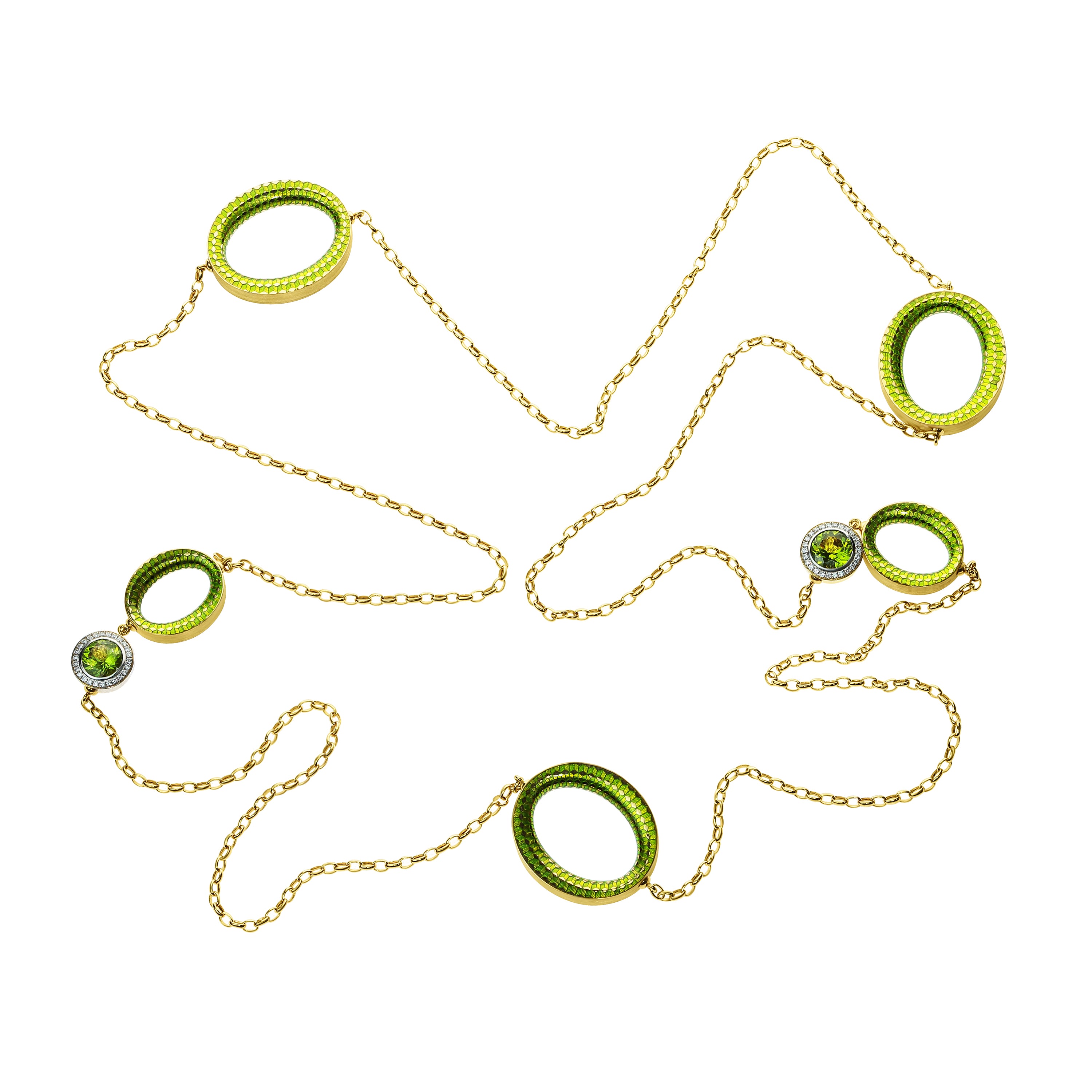 Enamel, Peridot, Diamonds 18K Yellow Gold Necklace (Sotuar), N 0178-10