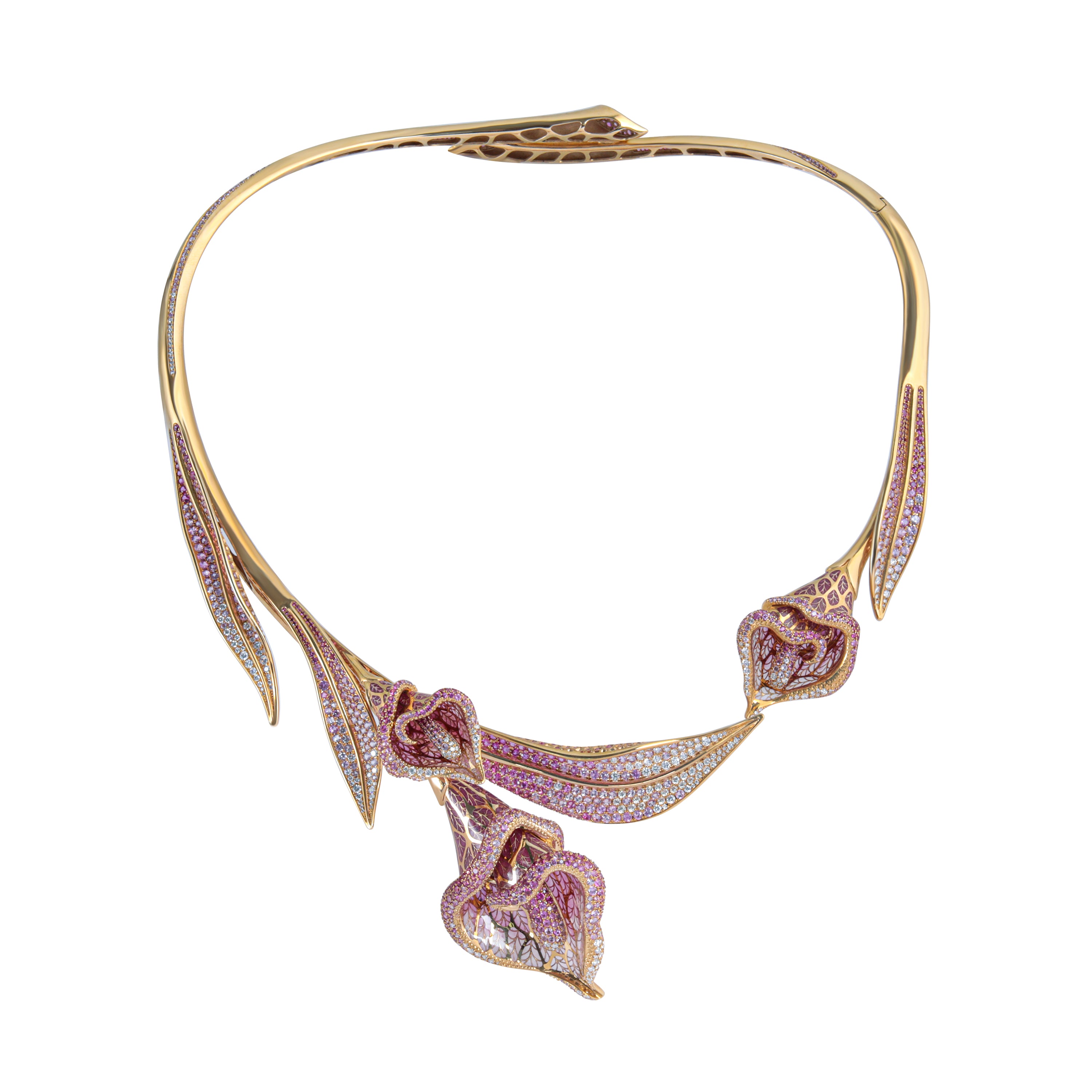 N 0275-7 18K Yellow Gold, Enamel, Pink Sapphires, Diamonds Necklace