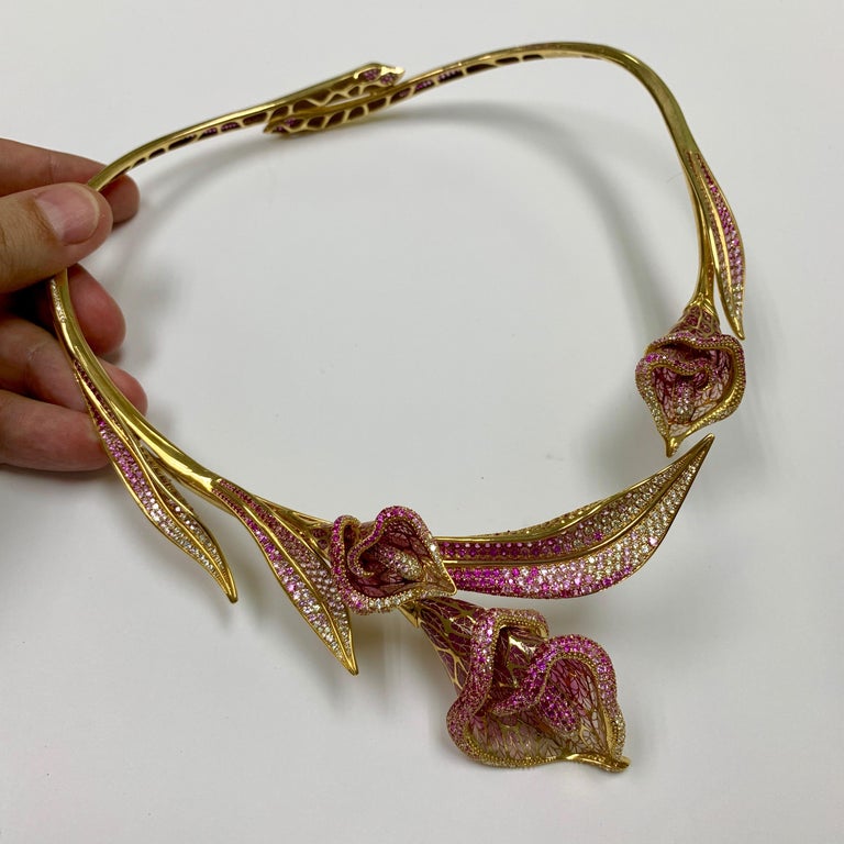 Enamel, Pink Sapphires, Diamonds 18K Yellow Gold Necklace, N 0275-7