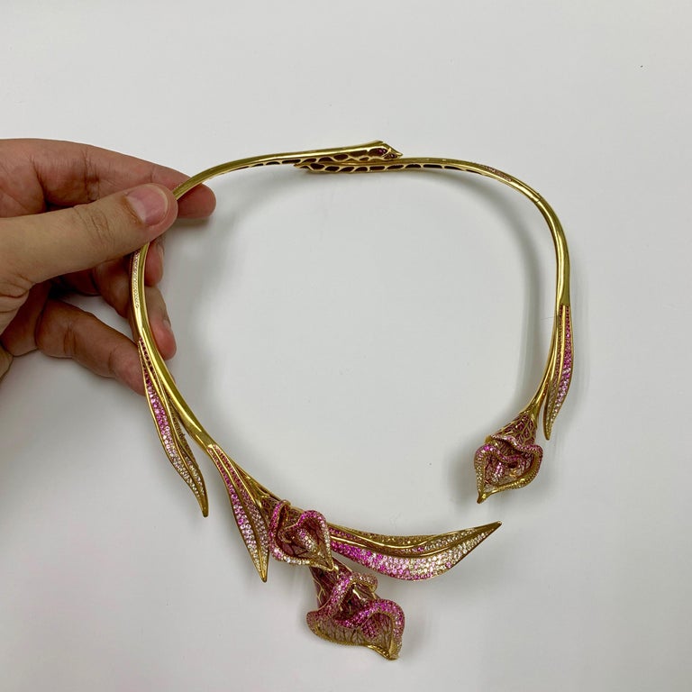 Enamel, Pink Sapphires, Diamonds 18K Yellow Gold Necklace, N 0275-7