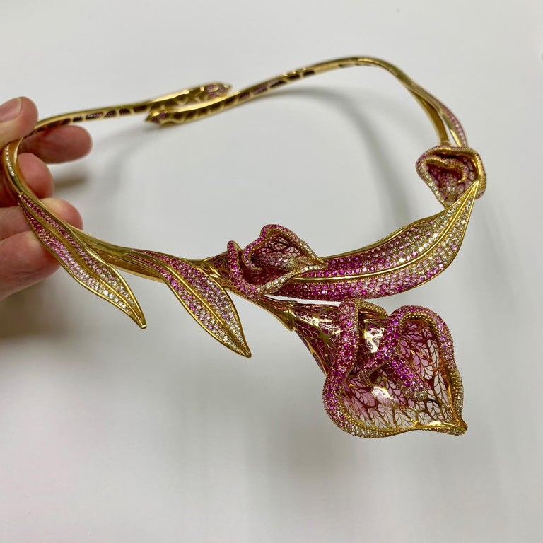 Enamel, Pink Sapphires, Diamonds 18K Yellow Gold Necklace, N 0275-7