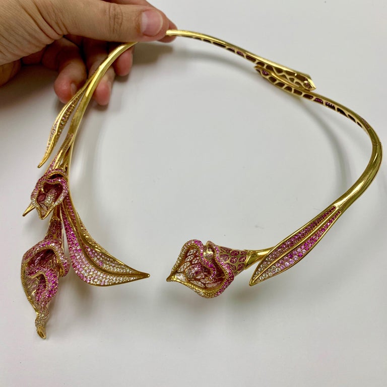 Enamel, Pink Sapphires, Diamonds 18K Yellow Gold Necklace, N 0275-7