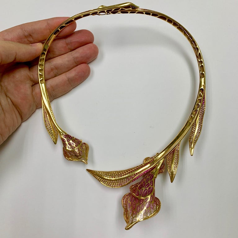 Enamel, Pink Sapphires, Diamonds 18K Yellow Gold Necklace, N 0275-7