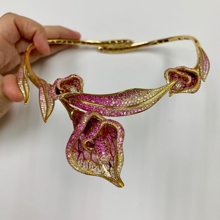 Enamel, Pink Sapphires, Diamonds 18K Yellow Gold Necklace, N 0275-7