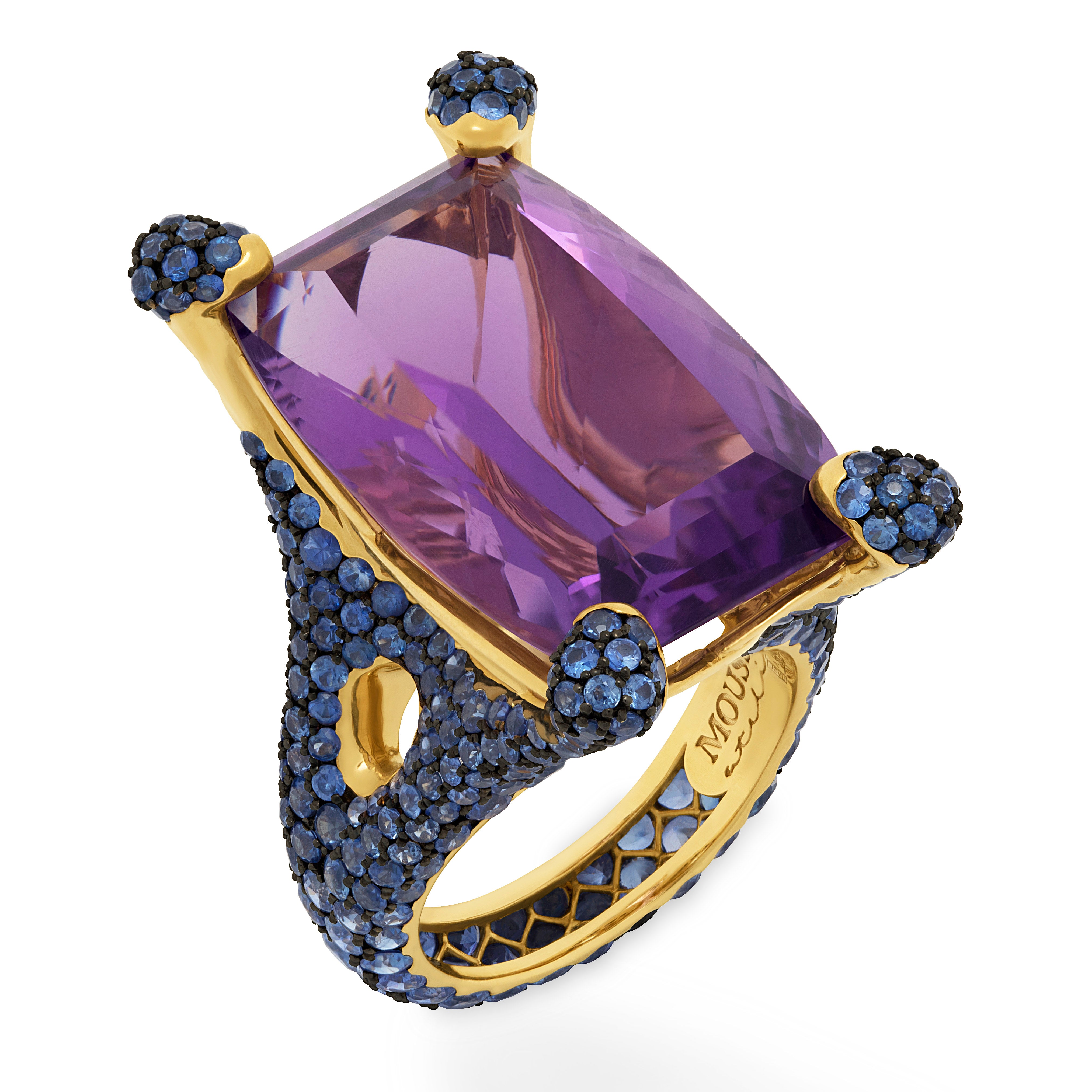 R 0049-0 18K Yellow Gold, Amethyst, Sapphires Ring