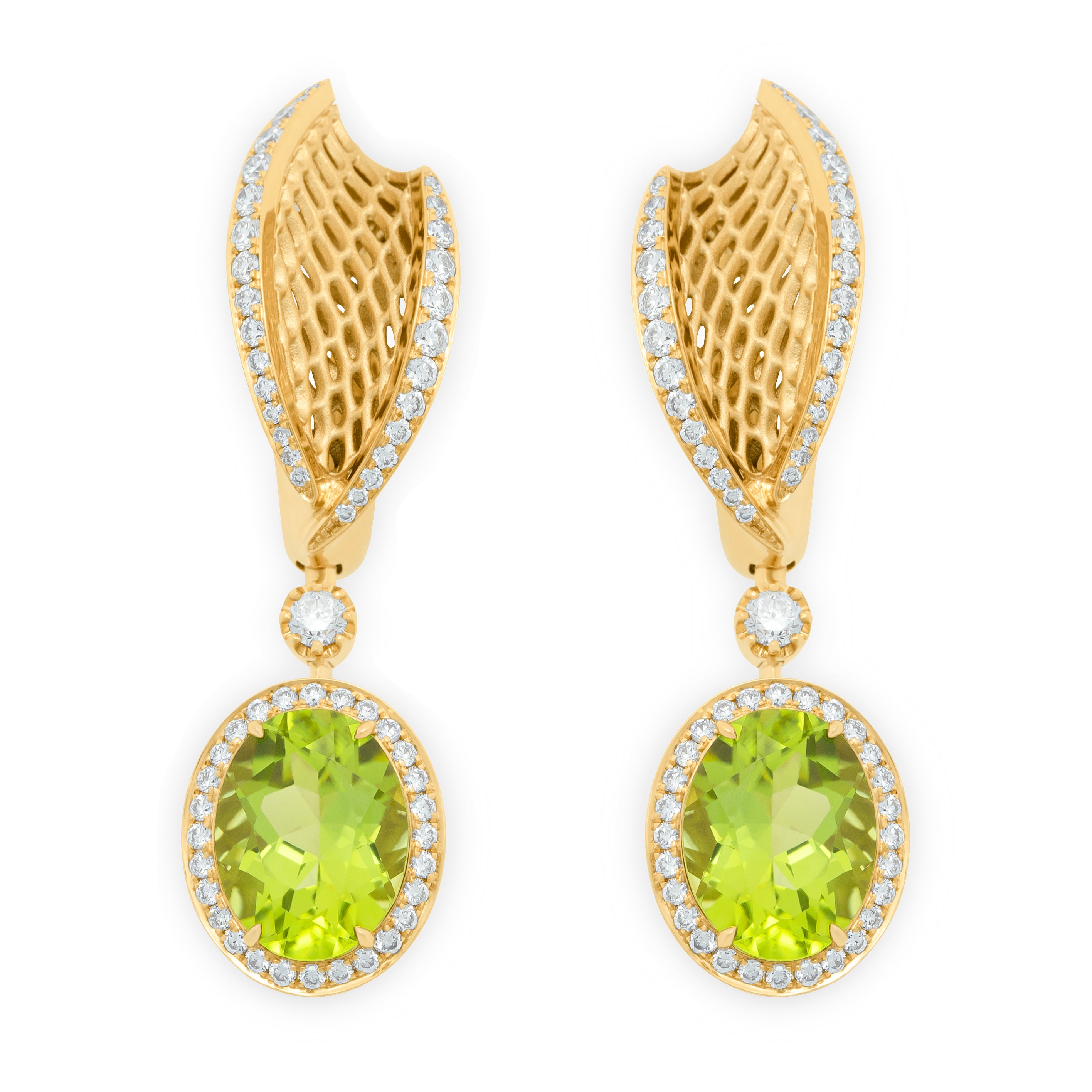 E 0144-22, 18K Yellow Gold, Peridot, Diamonds Earrings