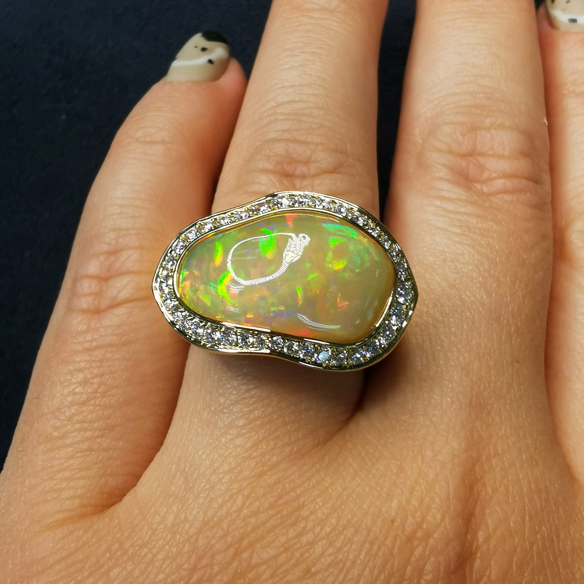 Fire Opal, Diamonds Ring 18K Yellow Gold, R 0029-22