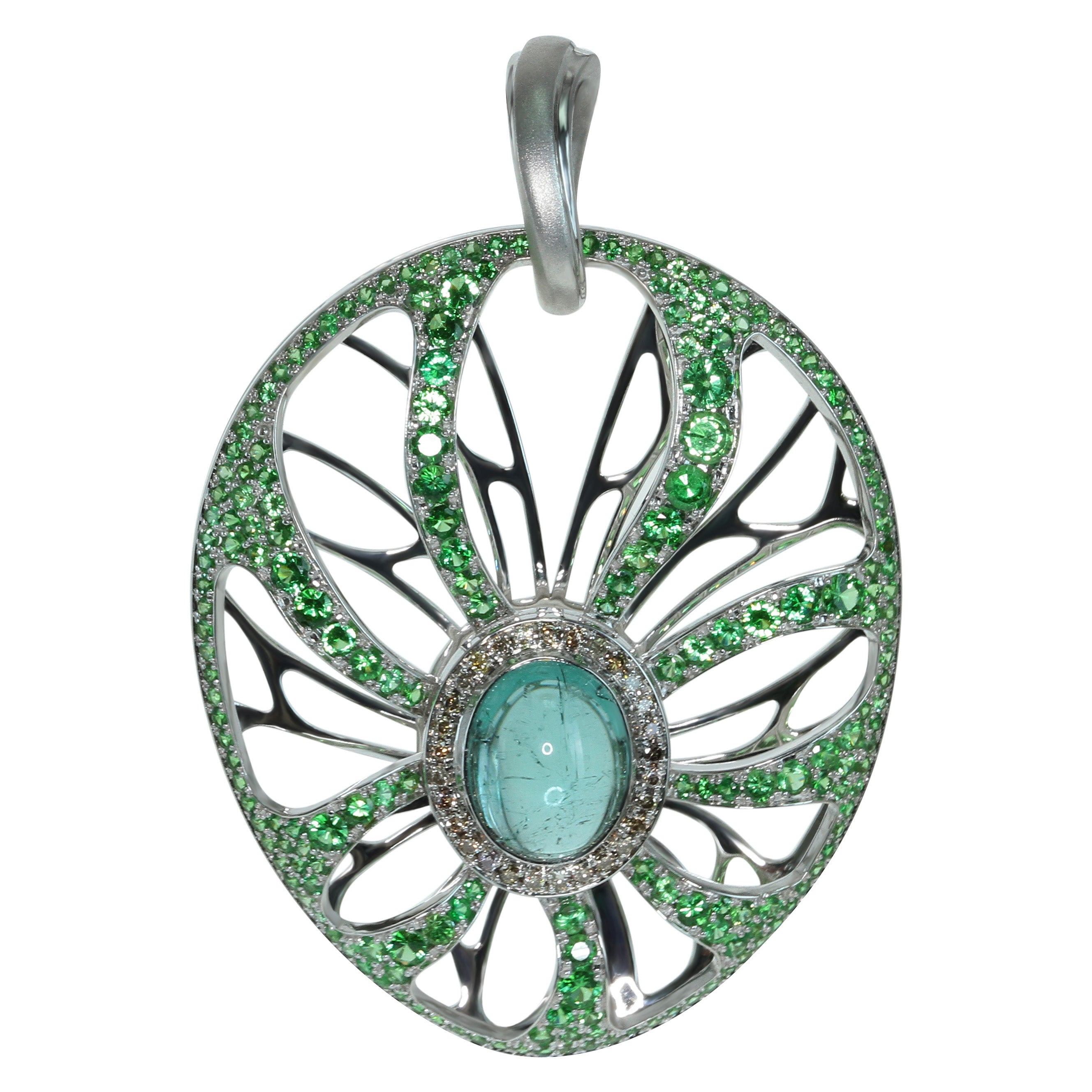 Tourmaline, Tsavorite, Champagne Diamonds 18K White Gold Pendant, P 0005-0
