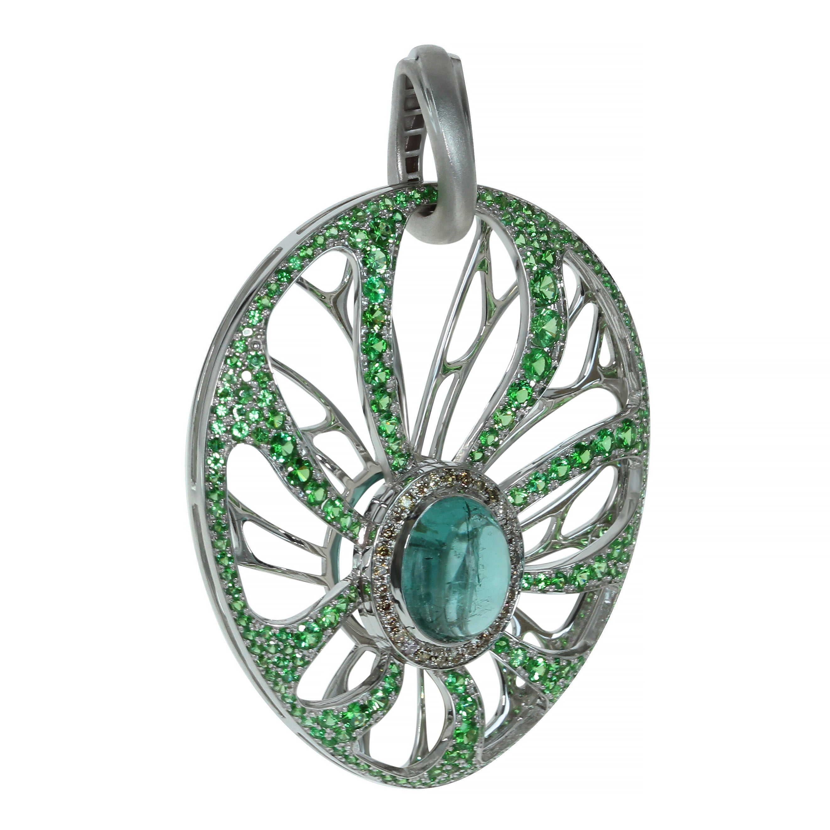Tourmaline, Tsavorite, Champagne Diamonds 18K White Gold Pendant, P 0005-0