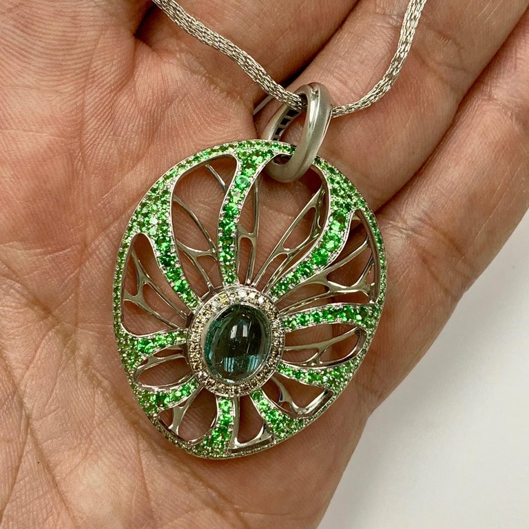 Tourmaline, Tsavorite, Champagne Diamonds 18K White Gold Pendant, P 0005-0