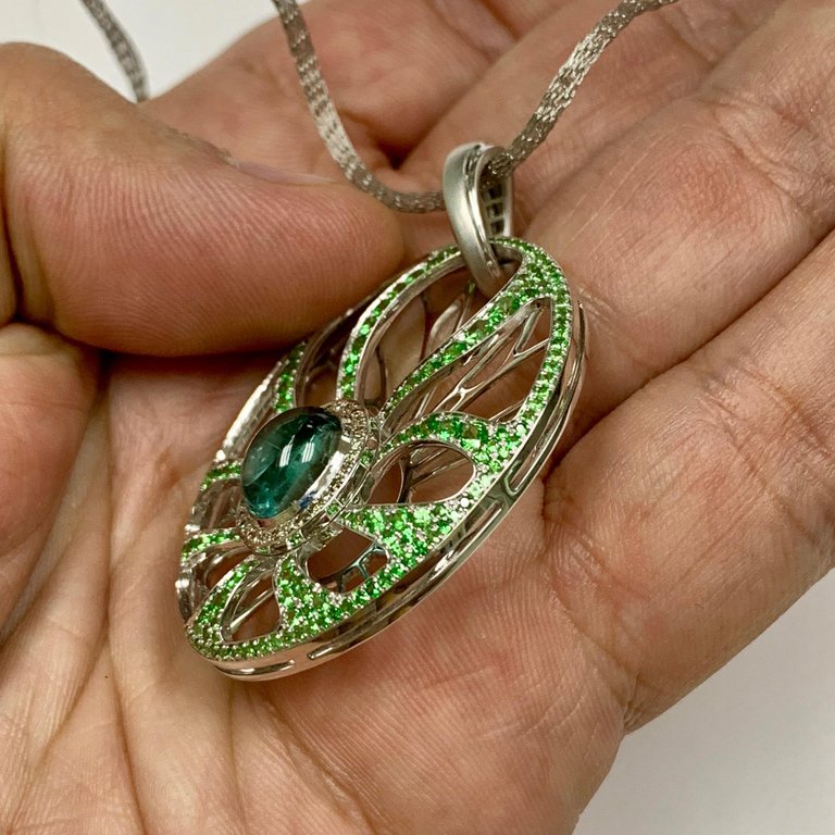 Tourmaline, Tsavorite, Champagne Diamonds 18K White Gold Pendant, P 0005-0