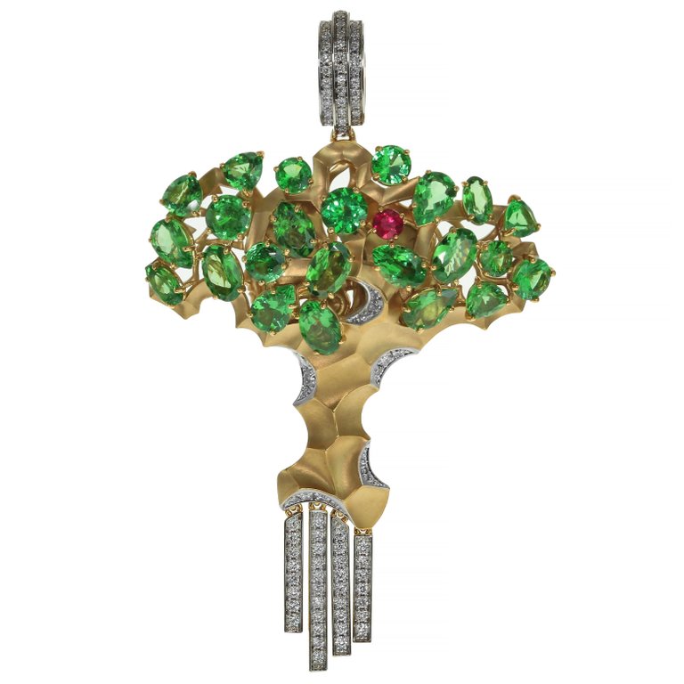 Tsavorite, Ruby, Diamonds 18K Yellow Gold Pendant, P 0145-0