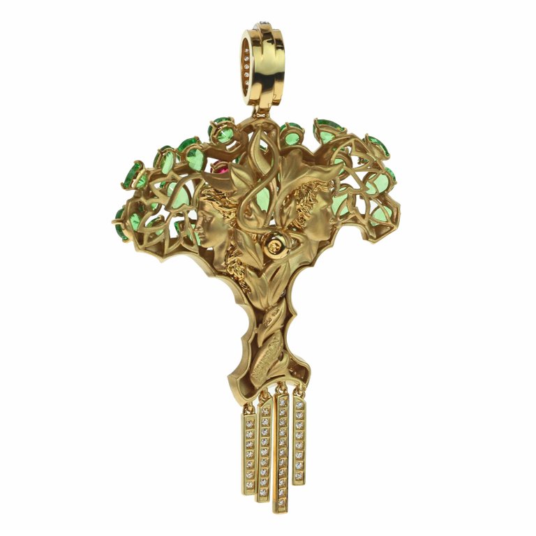 Tsavorite, Ruby, Diamonds 18K Yellow Gold Pendant, P 0145-0