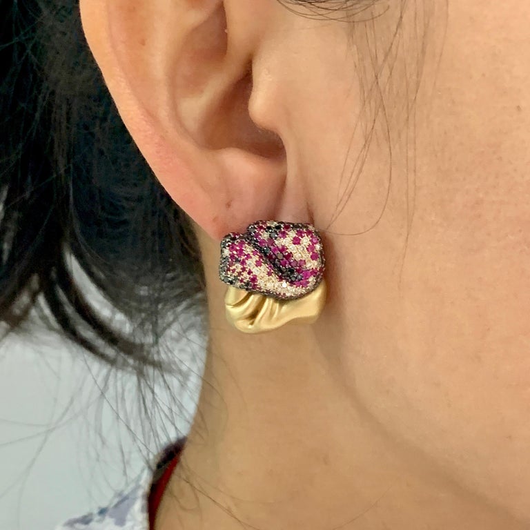 Ruby, Champagne and Black Diamonds 18K Yellow Gold Earrings, E 0132-0