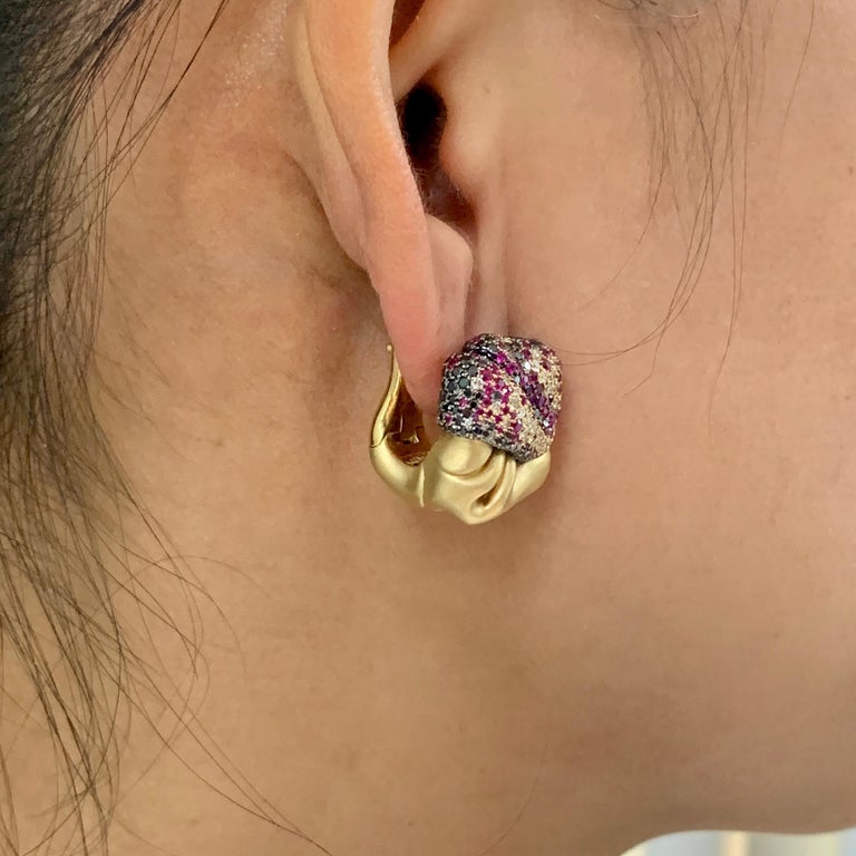 Ruby, Champagne and Black Diamonds 18K Yellow Gold Earrings, E 0132-0