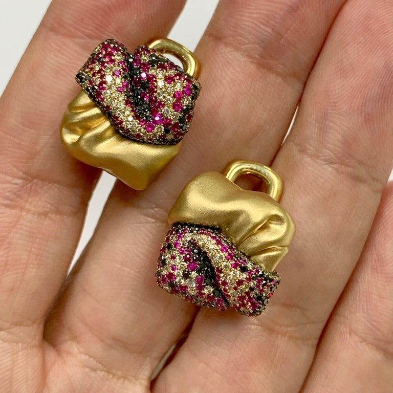 Ruby, Champagne and Black Diamonds 18K Yellow Gold Earrings, E 0132-0