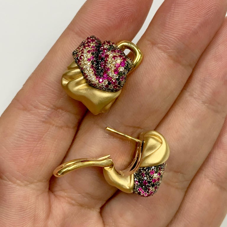 Ruby, Champagne and Black Diamonds 18K Yellow Gold Earrings, E 0132-0