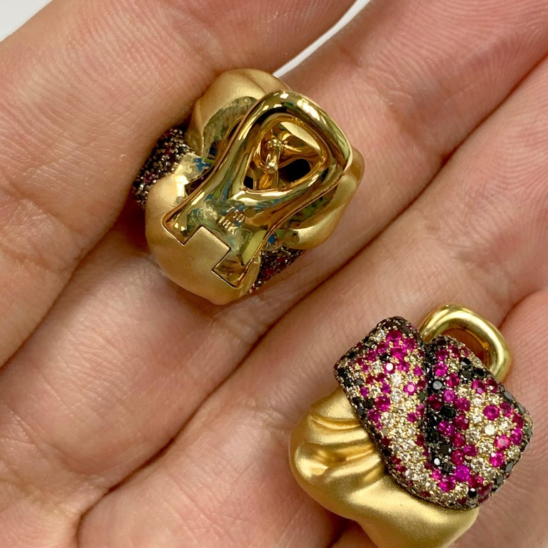 Ruby, Champagne and Black Diamonds 18K Yellow Gold Earrings, E 0132-0