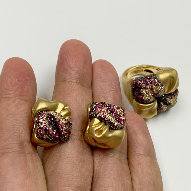 Ruby, Champagne and Black Diamonds 18K Yellow Gold Earrings, E 0132-0