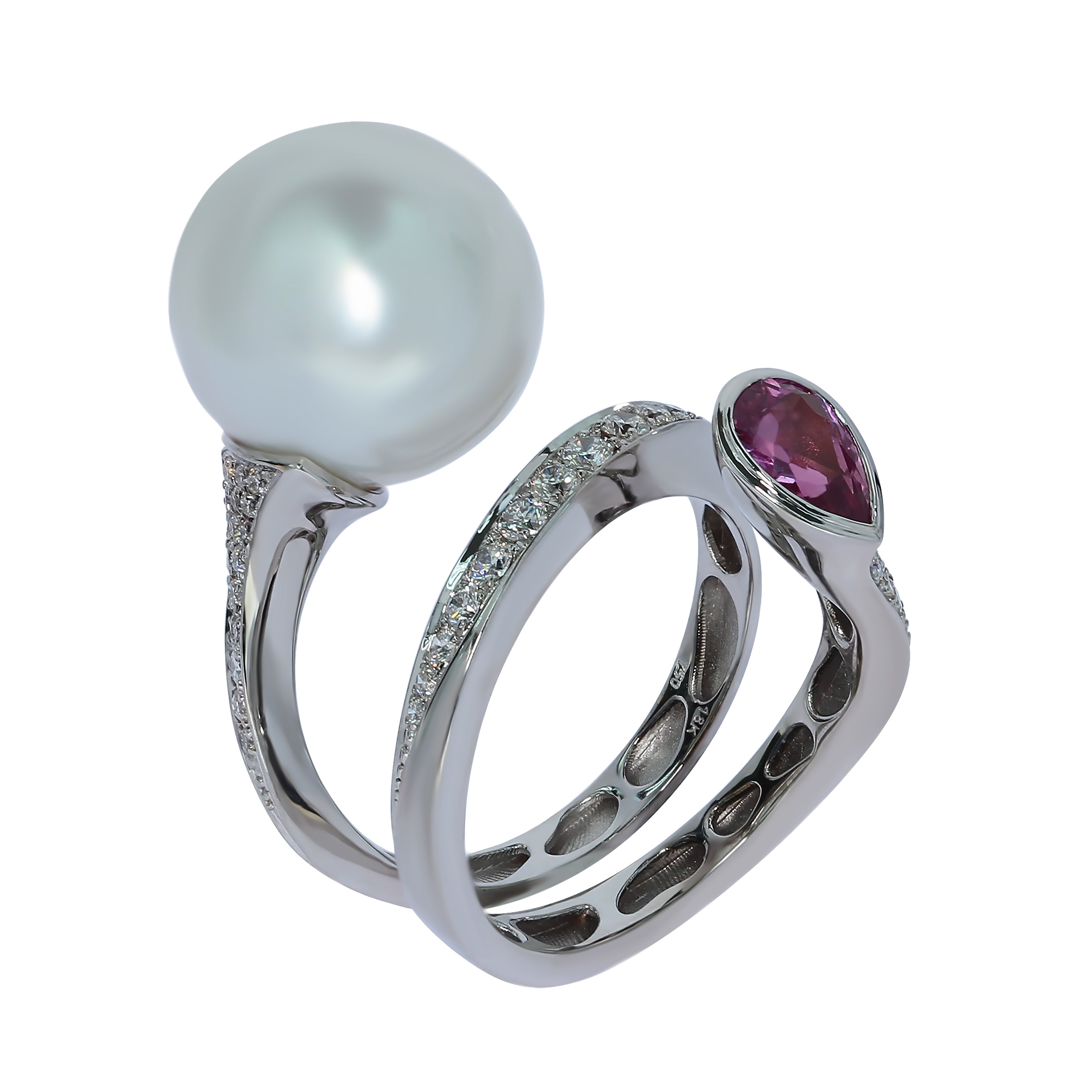 R 0008-0, 18K White Gold, South Sea Pearl, Pink Sapphire, Diamonds Ring