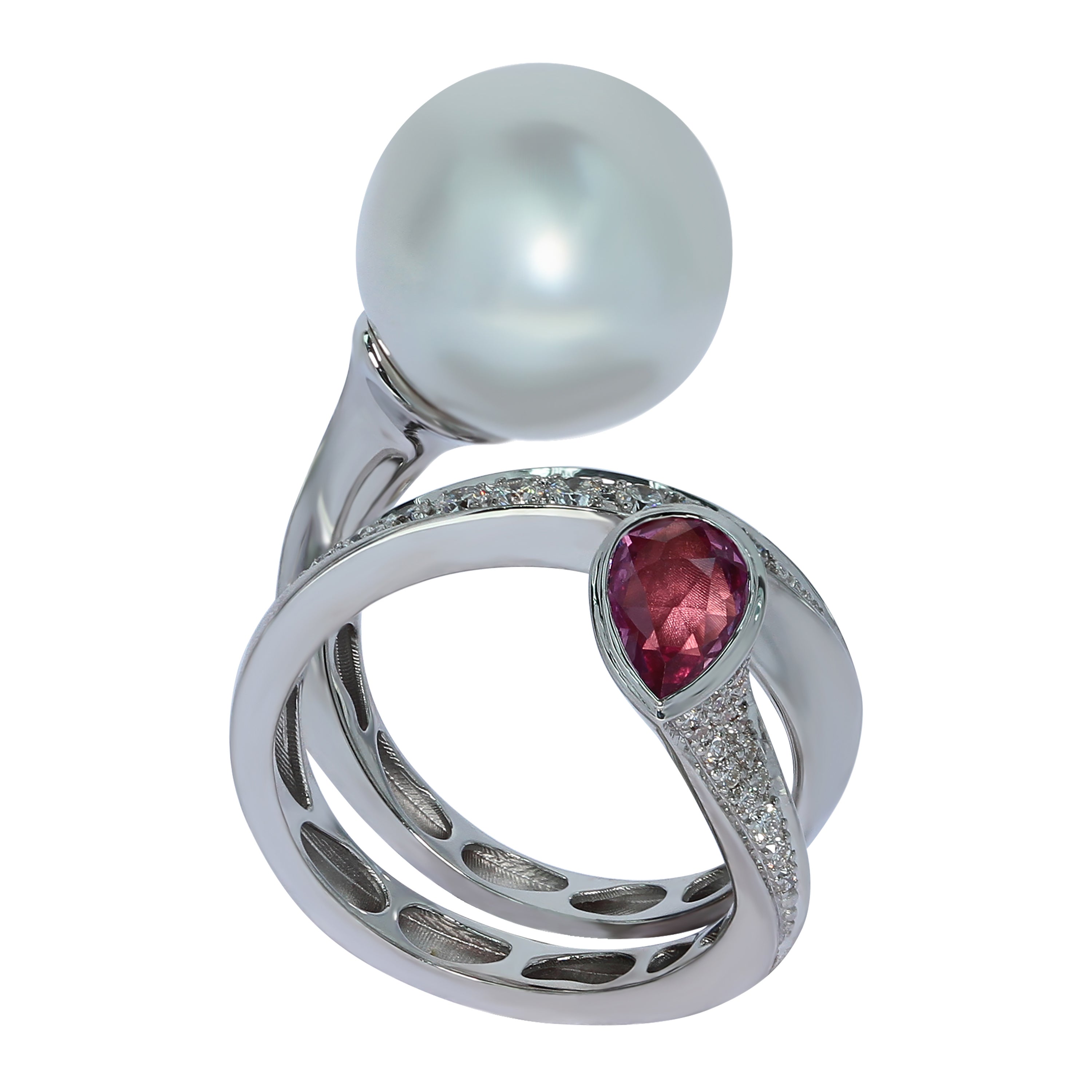 South Sea Pearl, Pink Sapphire, Diamonds 18K White Gold Ring, R 0008-0