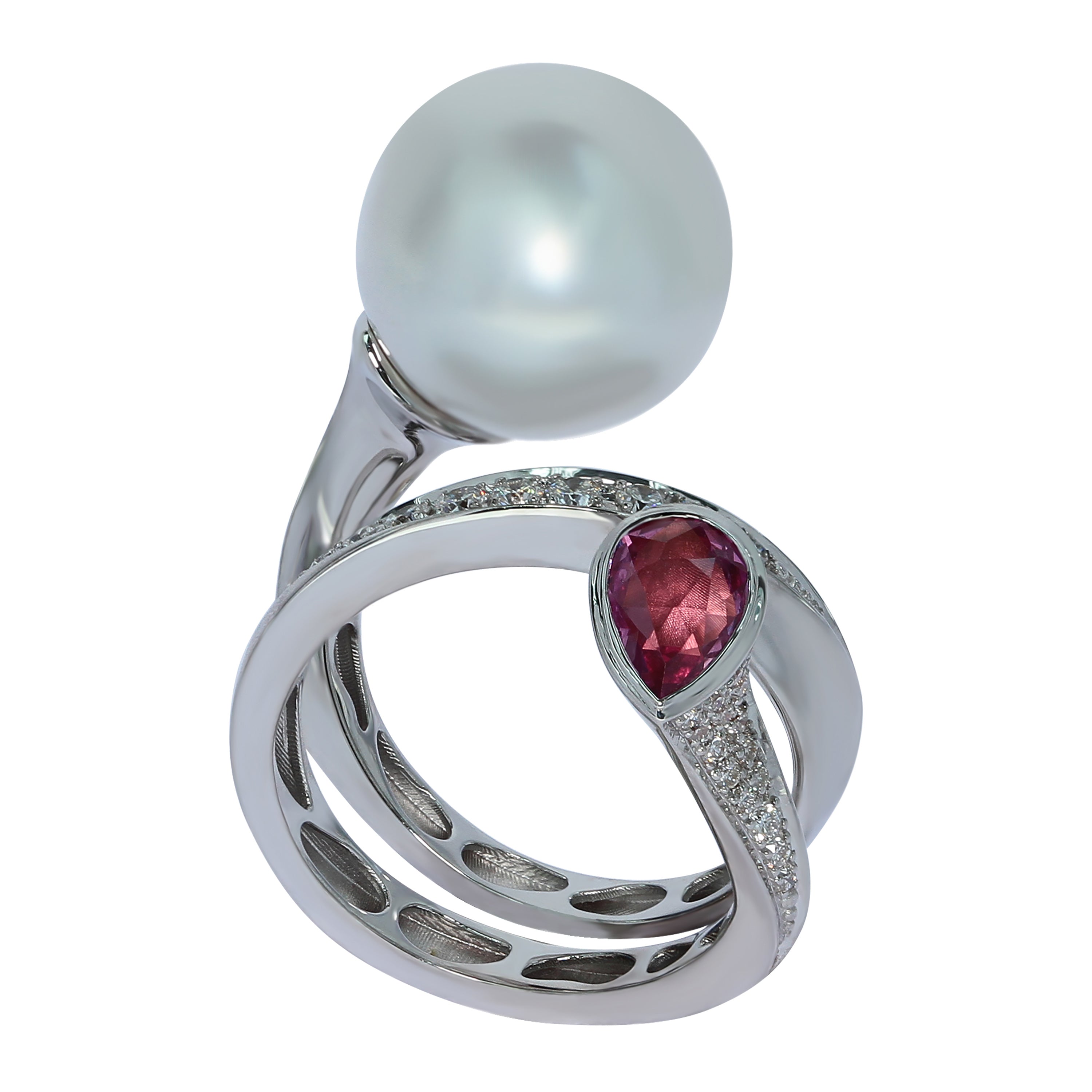 R 0008-0, 18K White Gold, South Sea Pearl, Pink Sapphire, Diamonds Ring