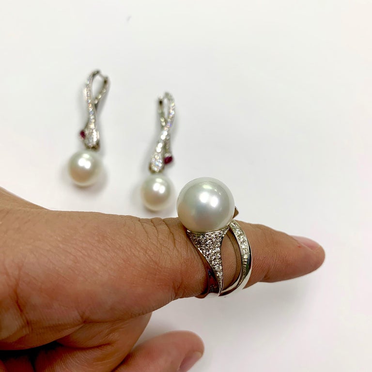 South Sea Pearl, Pink Sapphire, Diamonds 18K White Gold Ring, R 0008-0