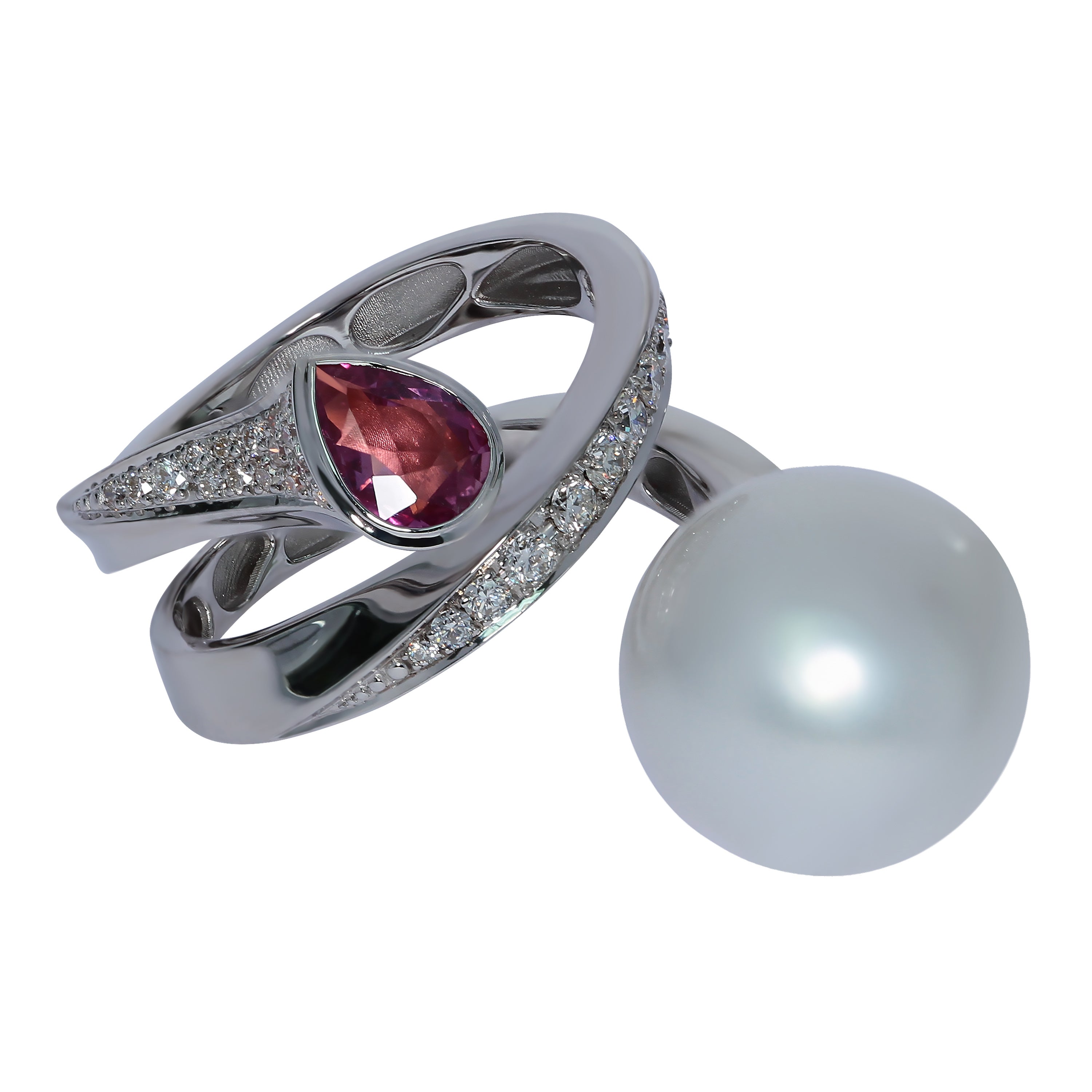 South Sea Pearl, Pink Sapphire, Diamonds 18K White Gold Ring, R 0008-0