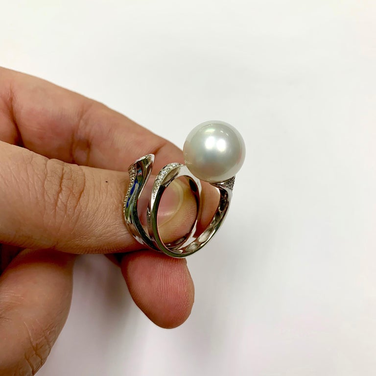 South Sea Pearl, Pink Sapphire, Diamonds 18K White Gold Ring, R 0008-0
