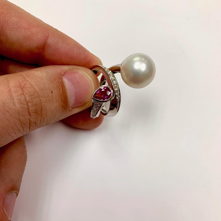 South Sea Pearl, Pink Sapphire, Diamonds 18K White Gold Ring, R 0008-0