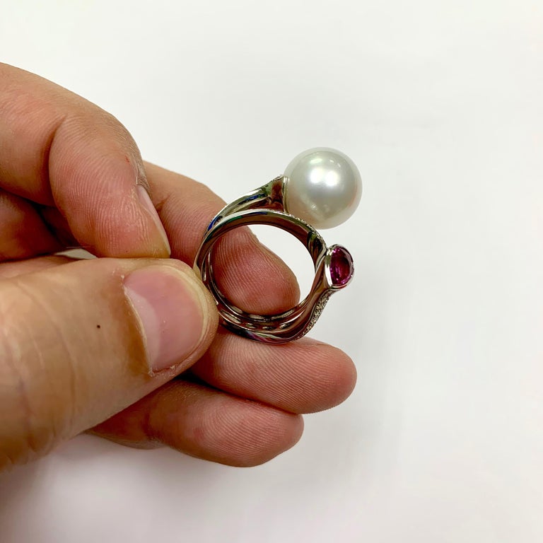 South Sea Pearl, Pink Sapphire, Diamonds 18K White Gold Ring, R 0008-0