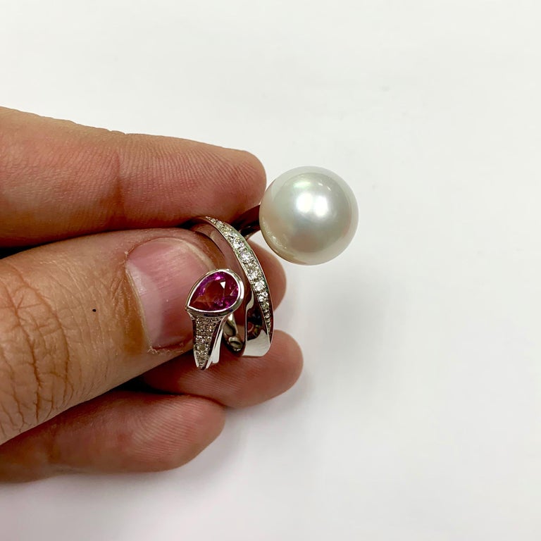 South Sea Pearl, Pink Sapphire, Diamonds 18K White Gold Ring, R 0008-0