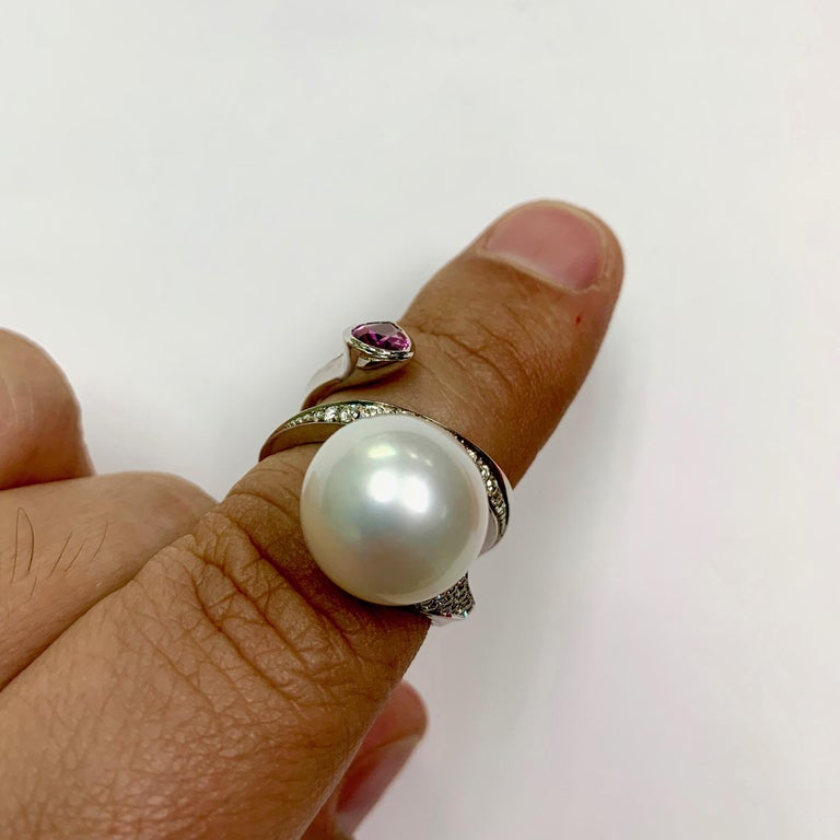 South Sea Pearl, Pink Sapphire, Diamonds 18K White Gold Ring, R 0008-0